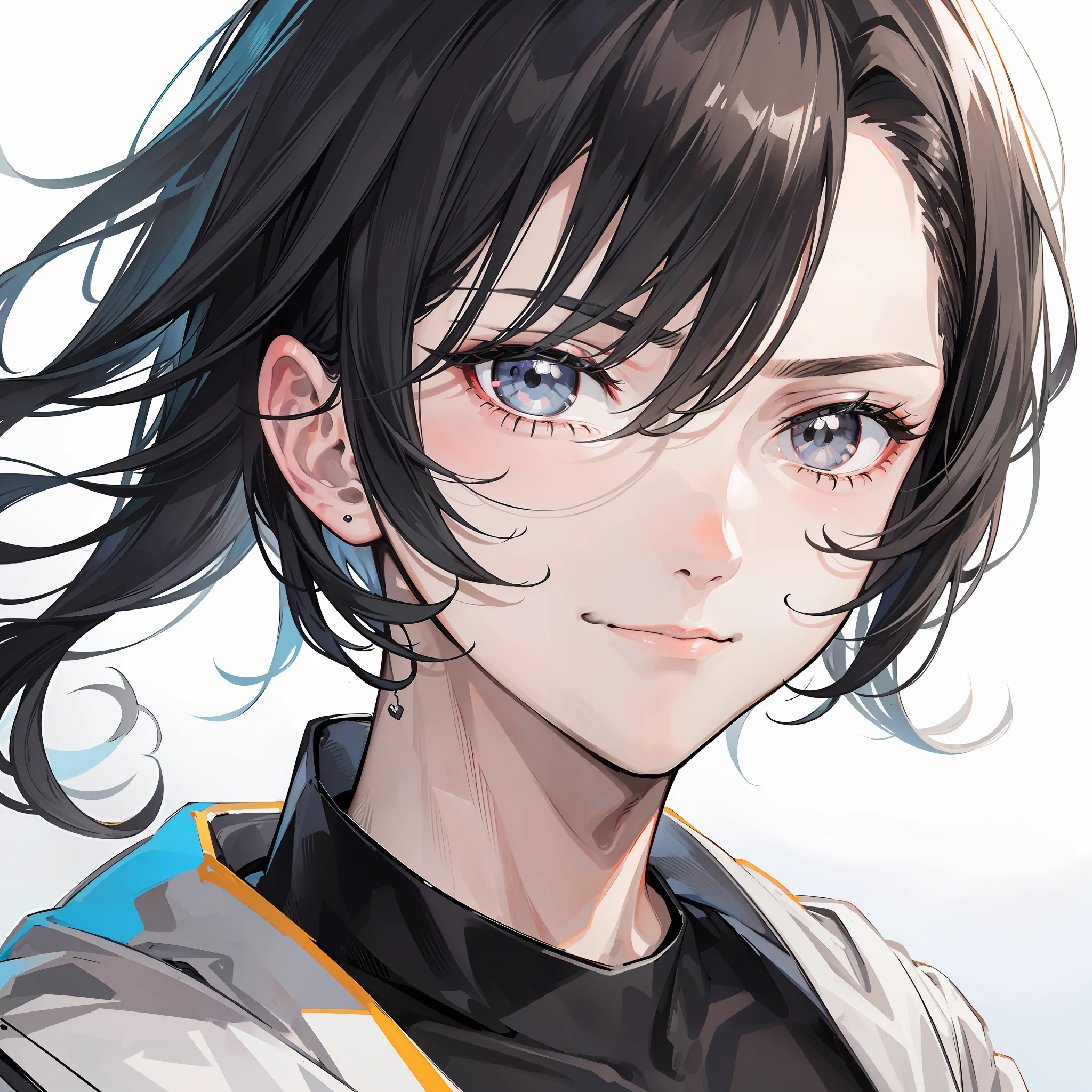 closeup, close up portrait, male face, mature male, ((grey eyes)), black hair, ((undercut)), stubble, smirk, HD, masterpiece, trending on artstation, anime, (((Nanoless style))), (((Nanoless)))
