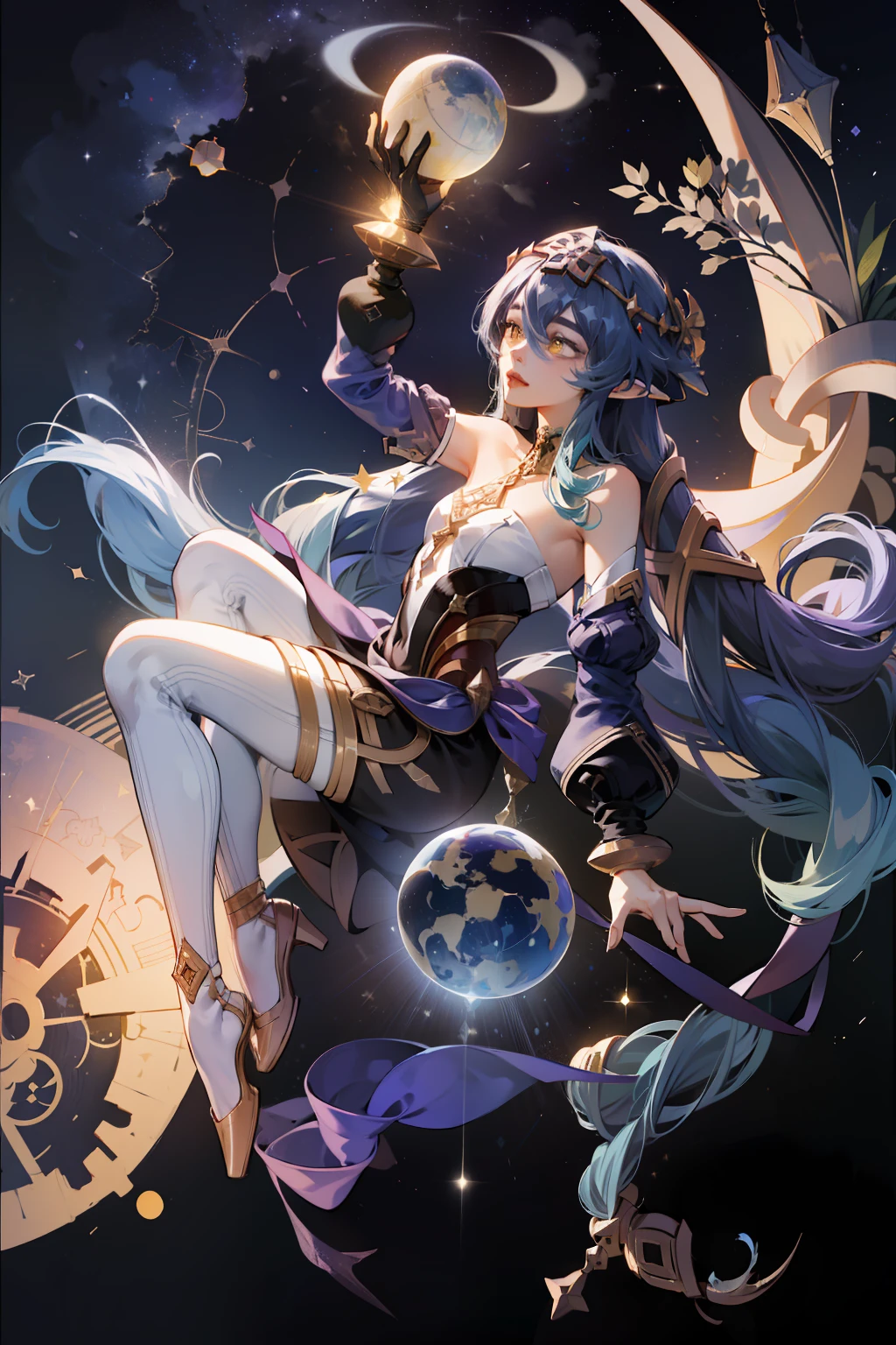 layla, yellow eyes, very long blue hair, genshin impact, stars and moon and comets, night sky observatory, crystal ball, golden details, gears, map of the star sky