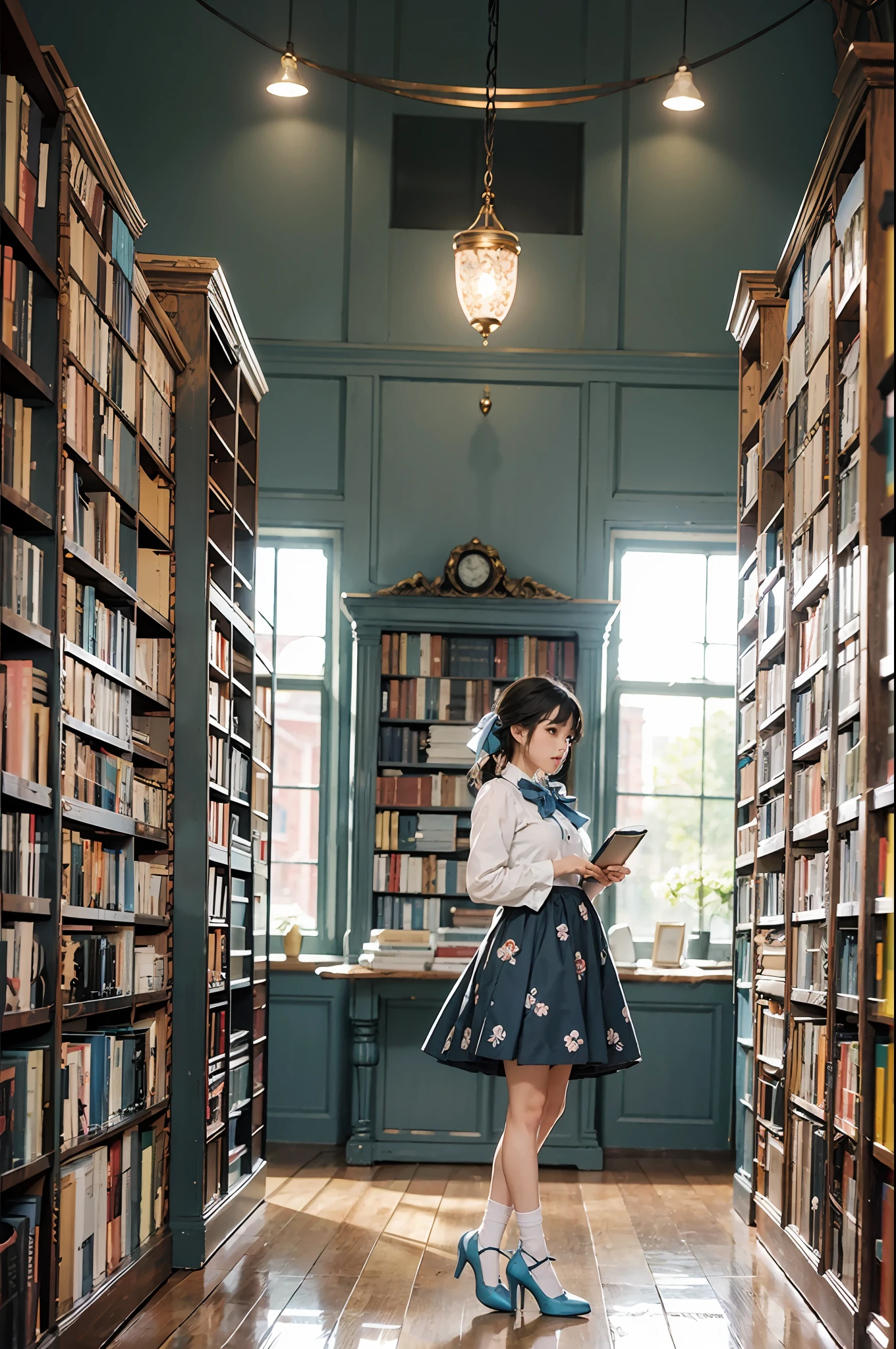 Woman standing alone in library, white blouse with blue floral pattern, blue bow tie, ruffled blue skirt, white ankle length socks, wearing pumps, white light background