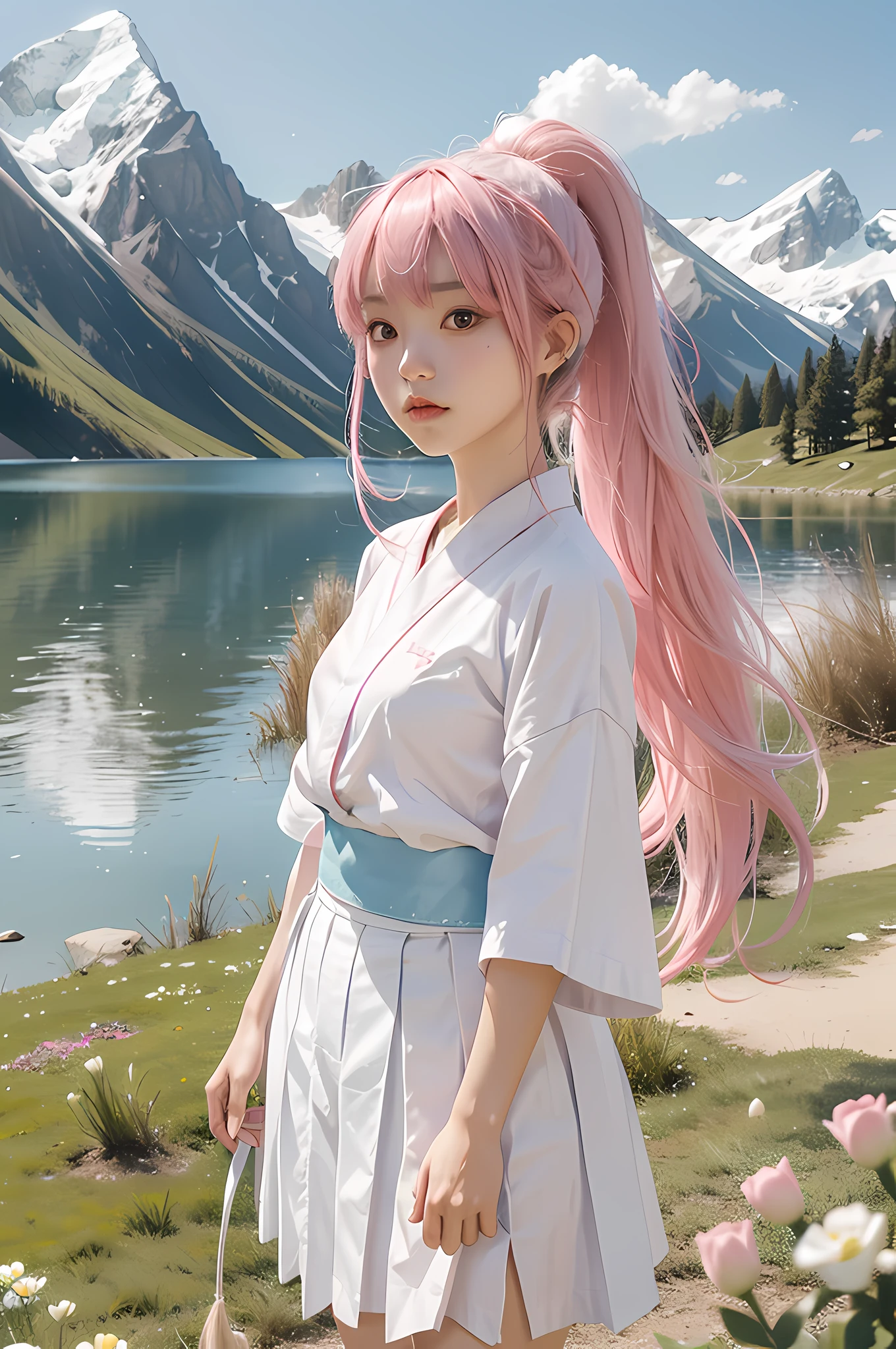 Ayaka_KendoUniform, 1 sweet girl, Cowboy shot, White long hair, pony tails, pink hairband, bangs, White shirt, blue long hakama skirt, KON, full body, Outdoors, park, Lake, Lawn, Mountains, Flowers, Sunshine