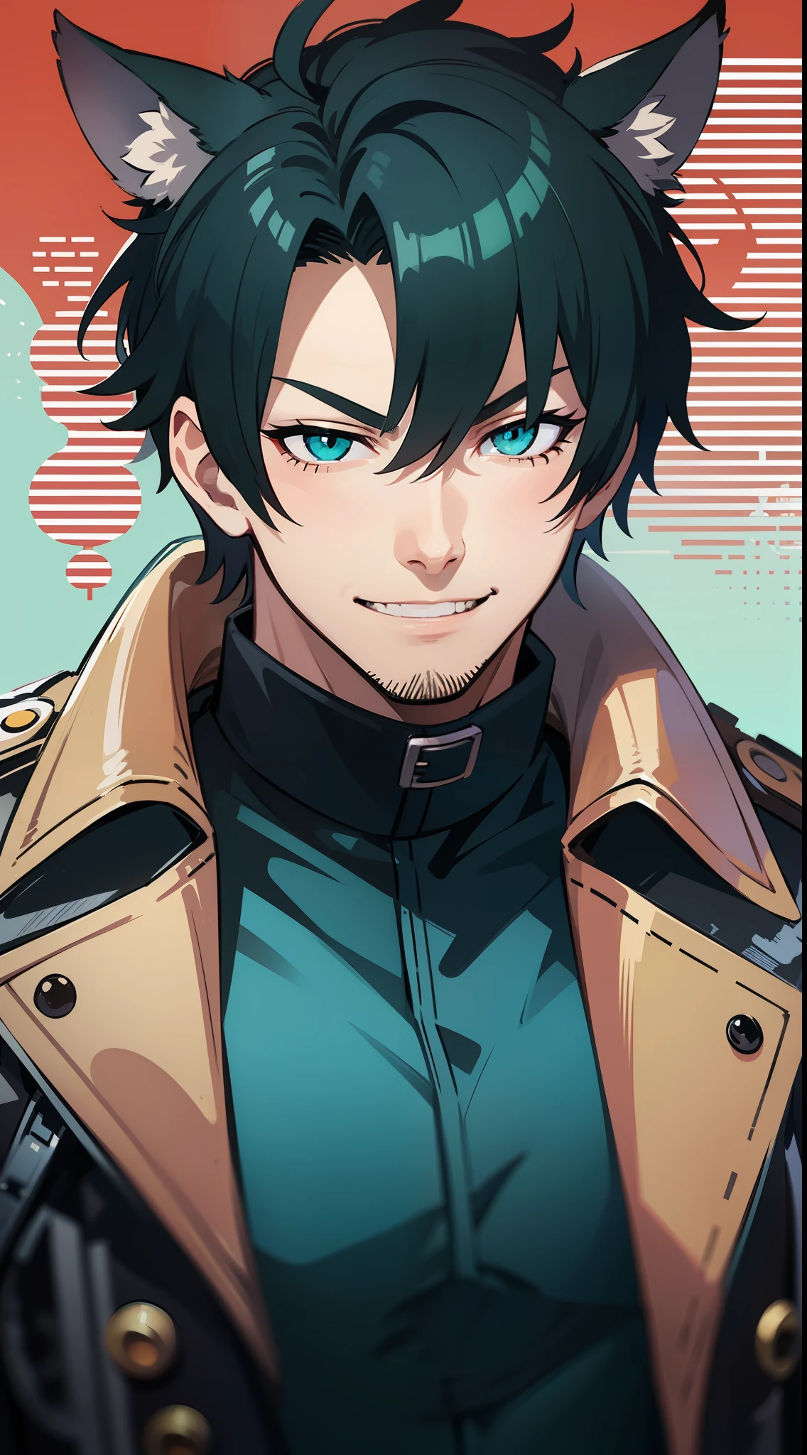 adult man, Short black hair, Cat's ears, Cyan eyes, leather trenchcoat, smirk, Masterpiece, hiquality