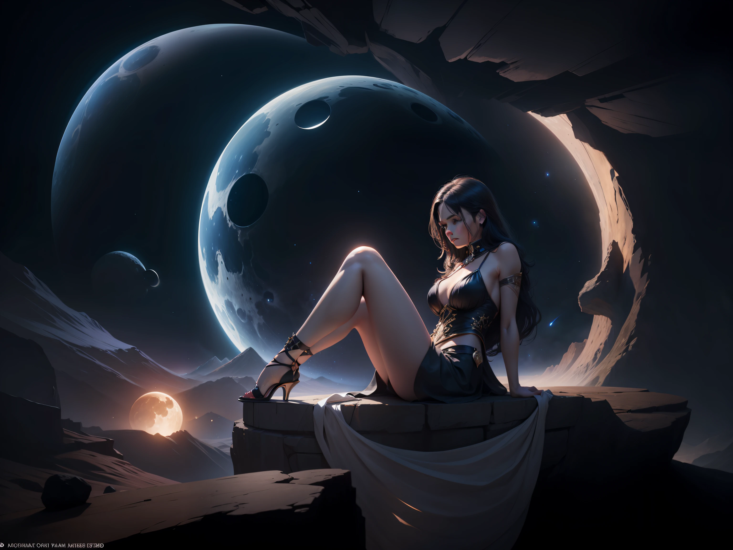 woman straddling a quarter moon, stars in a beautiful night sky, The scene is an epic and grandiose vision into a space odyssey landscape planet, dynamic pose, intricate scene and very epic, volumetric lights, evoking a sense of adventure, grandeur and wonder, an intricate and highly epic masterpiece, UHD, 8K, in hyper realistic style. --auto