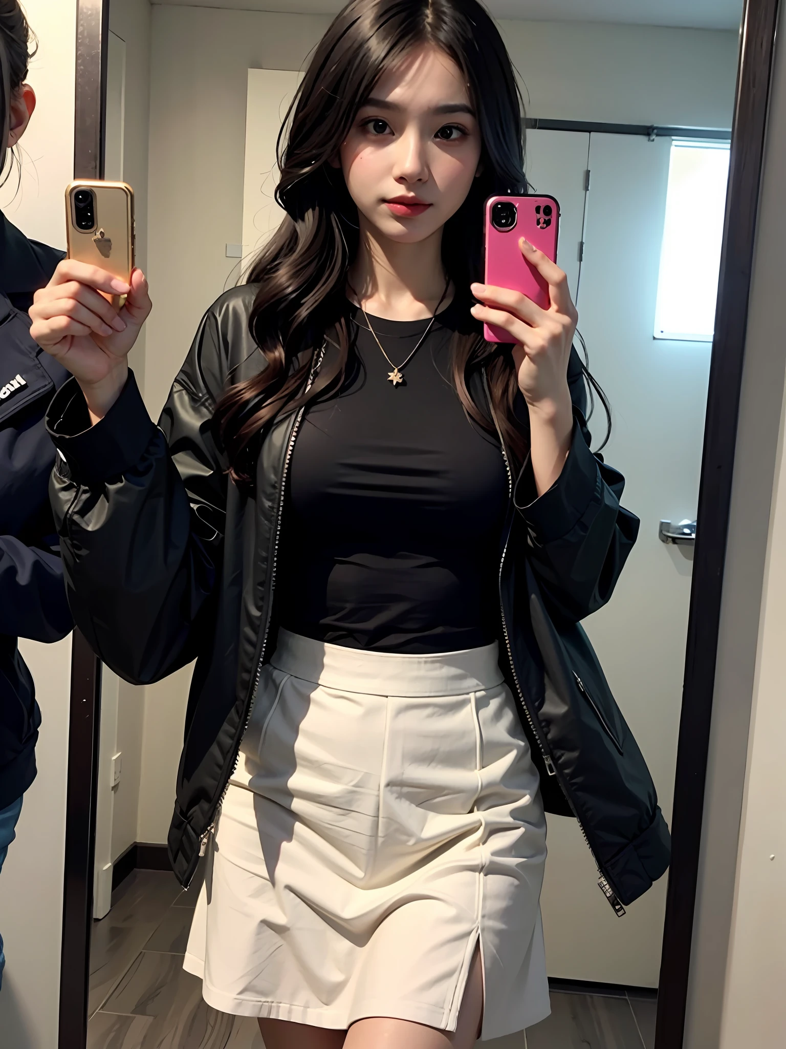 there is a woman taking a picture of herself in the mirror, cropped shirt with jacket, White skirt, Black jacket, wearing jacket and skirt,