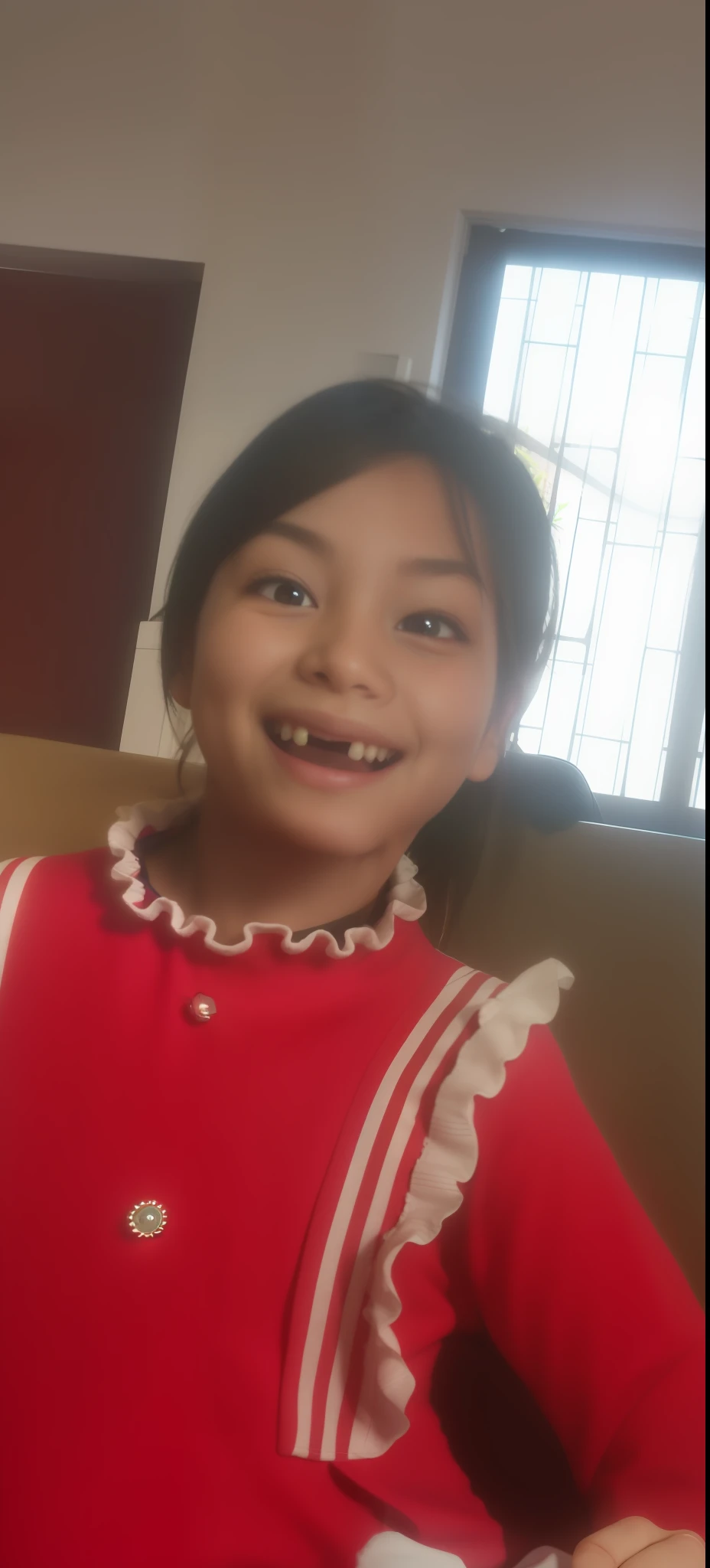 There was a young girl sitting on the sofa,Hold the remote control, and she smiling,Very happy, and she smiling,Very excited, very huge smile, with a beautiful smile, she's smiling, kid, very huge smile, big smile on her face, Smiling girl, Small smile, nivanh chanthara, she expressing joy, Lovely smile
