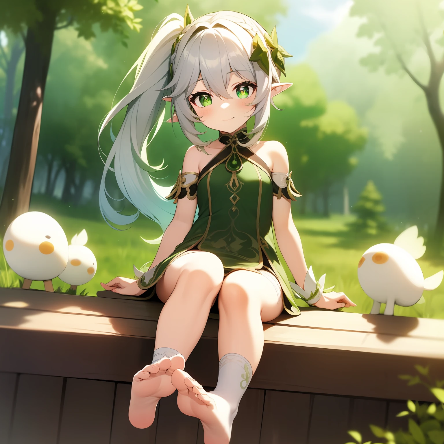 masterpiece, best quality, detailed, flat color, 1girl, nahida \(genshin impact\), bare shoulders, braid, closed mouth, cross-shaped pupils, day, dress, feet, forest, full body, green eyes, green hair, grey hair, hair between eyes, lily pad, long hair, multicolored hair, mushroom, nature, no shoes, outdoors, own hands together, pointy ears, side ponytail, sitting, sleeveless dress, smile, socks, soles, stirrup legwear, symbol-shaped pupils, toeless legwear, toes, tree, two-tone hair, white dress,  cogecha