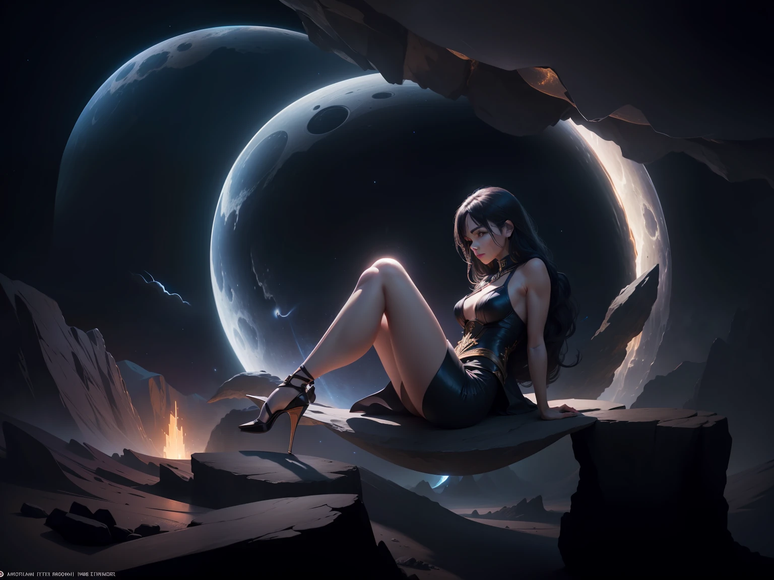 woman straddling a quarter moon, stars in a beautiful night sky, The scene is an epic and grandiose vision into a space odyssey landscape planet, dynamic pose, intricate scene and very epic, volumetric lights, evoking a sense of adventure, grandeur and wonder, an intricate and highly epic masterpiece, UHD, 8K, in hyper realistic style. --auto