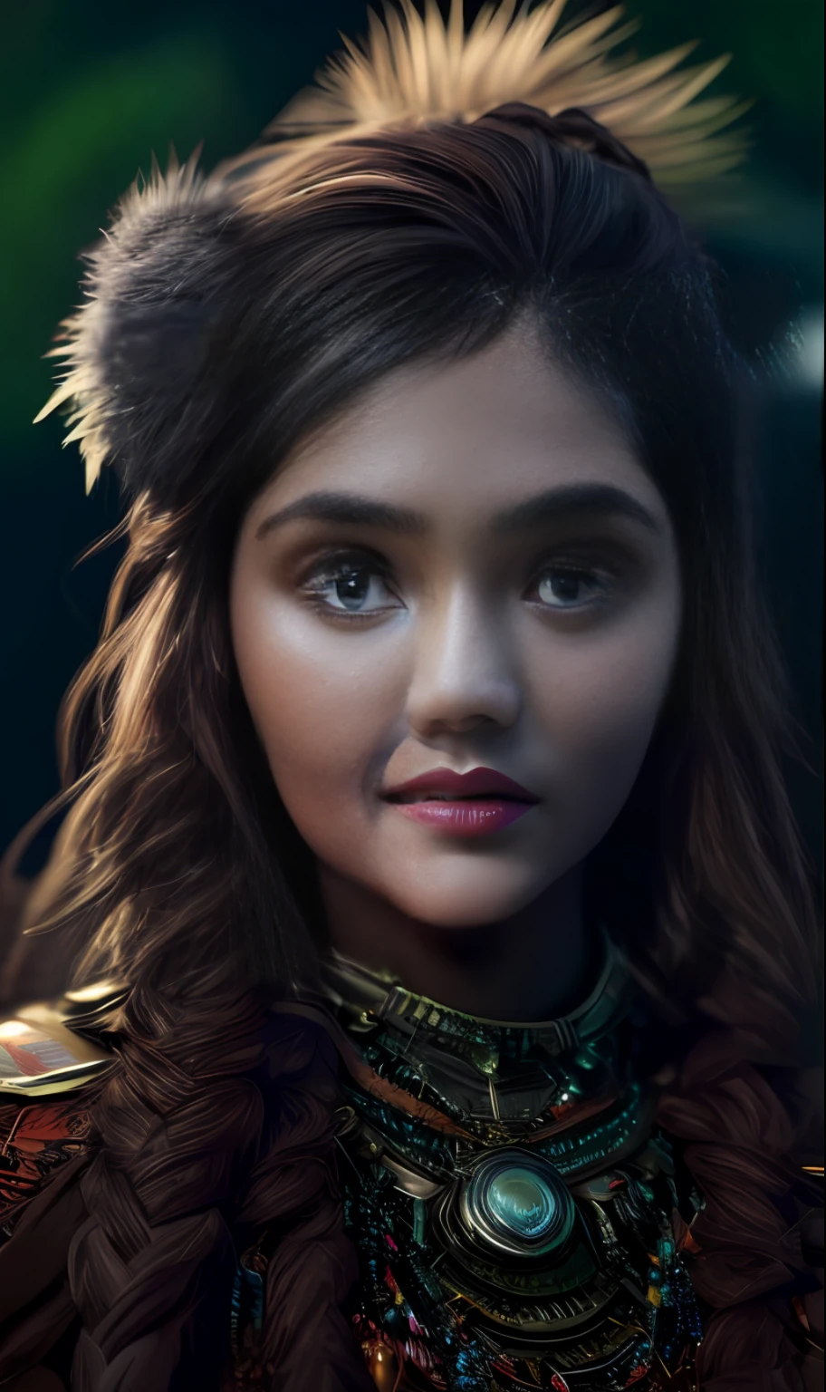ultra realistic photography, perfectly centered medium upper shot of Aloy from horizon zero dawn, creatures from horizon zero dawn jungle cliffs in the background, looking at viewer, fashion pose, extremely detailed eyes, detailed symmetric realistic face, extremely detailed natural texture, detailed peach fuzz, messy hair, masterpiece, absurdres, award winning photo by lee jeffries, nikon d850 film stock photograph, kodak portra 400 camera f1.6 lens,  depth of field, extremely detailed, amazing, fine detail, rich colors, hyper realistic lifelike texture, dramatic lighting, unrealengine, trending on artstation, cinestill 800 tungsten, photo realistic, RAW photo, TanvirTamim, high quality, highres, sharp focus, extremely detailed, cinematic lighting, 8k uhd, high definition, cinematic, neoprene, behance contest winner, featured on unsplash, cgsociety, unreal engine 5, ultra sharp focus