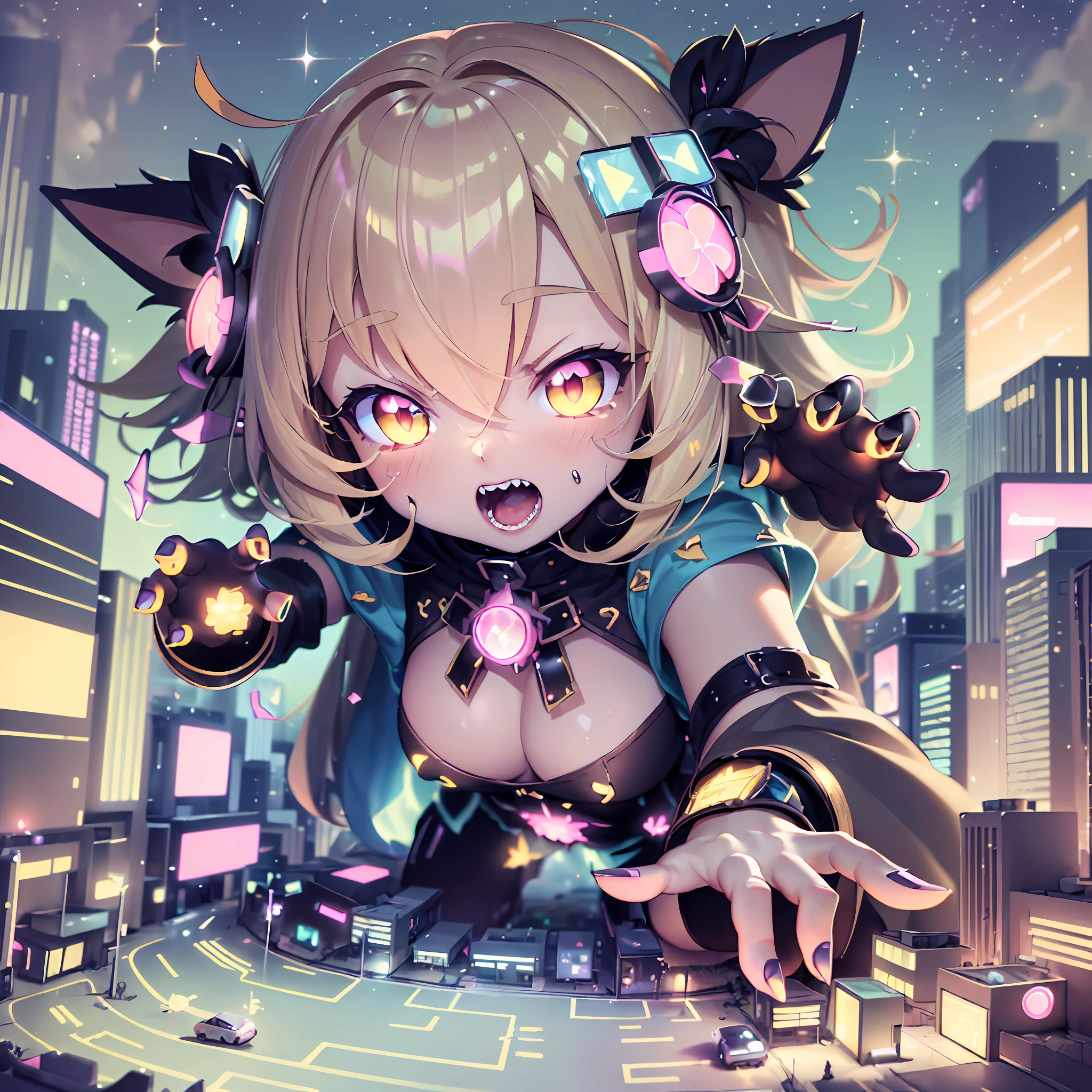 (award winning 8k official art:1.3) of ( giant zombie (chibi:1.1) gtsgiga, open mouth, monstrous, breaking:1.3), angry, kawaiitech, kawaii, cute colors, ferocious, good fingers, nig extremely detailed background, sweet, front, epic, (masterpiece:1.4), (best quality:1.4), Amazing, beautiful, finely detailed, (Depth of field:1.4), extremely detailed 8k, stunning, (light reflections:0.5), (crisp:1.5), red twin tails, vibrant, (edge detection:1.2), absurdres, impressive, 120mm, clear, powerful