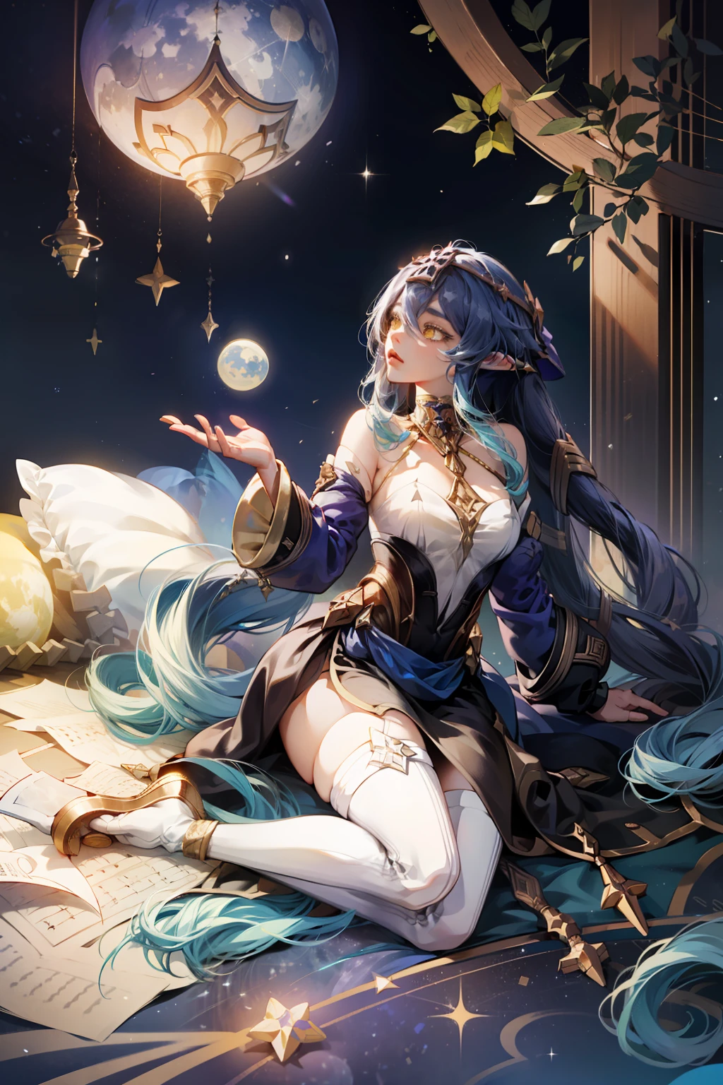 layla, yellow eyes, very long blue hair, genshin impact, stars and moon and comets, night sky observatory, crystal ball, golden details, gears, map of the star sky, long white stockings