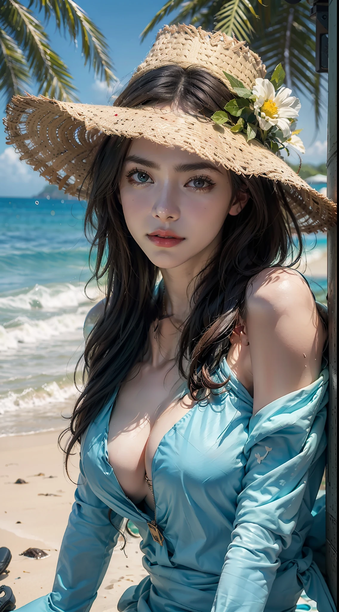 (Hyper Real), (illustratio), (A high resolution), (8K), (The is very detailed), (Most Best Illustration), (美丽细致的眼睛), (best qualtiy), (Super detail), (tmasterpiece), (Desktop wallpapers), (Detailed face),zentangle,(abstract backgrounds:1.5)(1girll:1.3),Bigchest,cabellos largos dorados,long whitr hair,mistic,sea beach,sunhat,looking at viewert,Coconut Tree