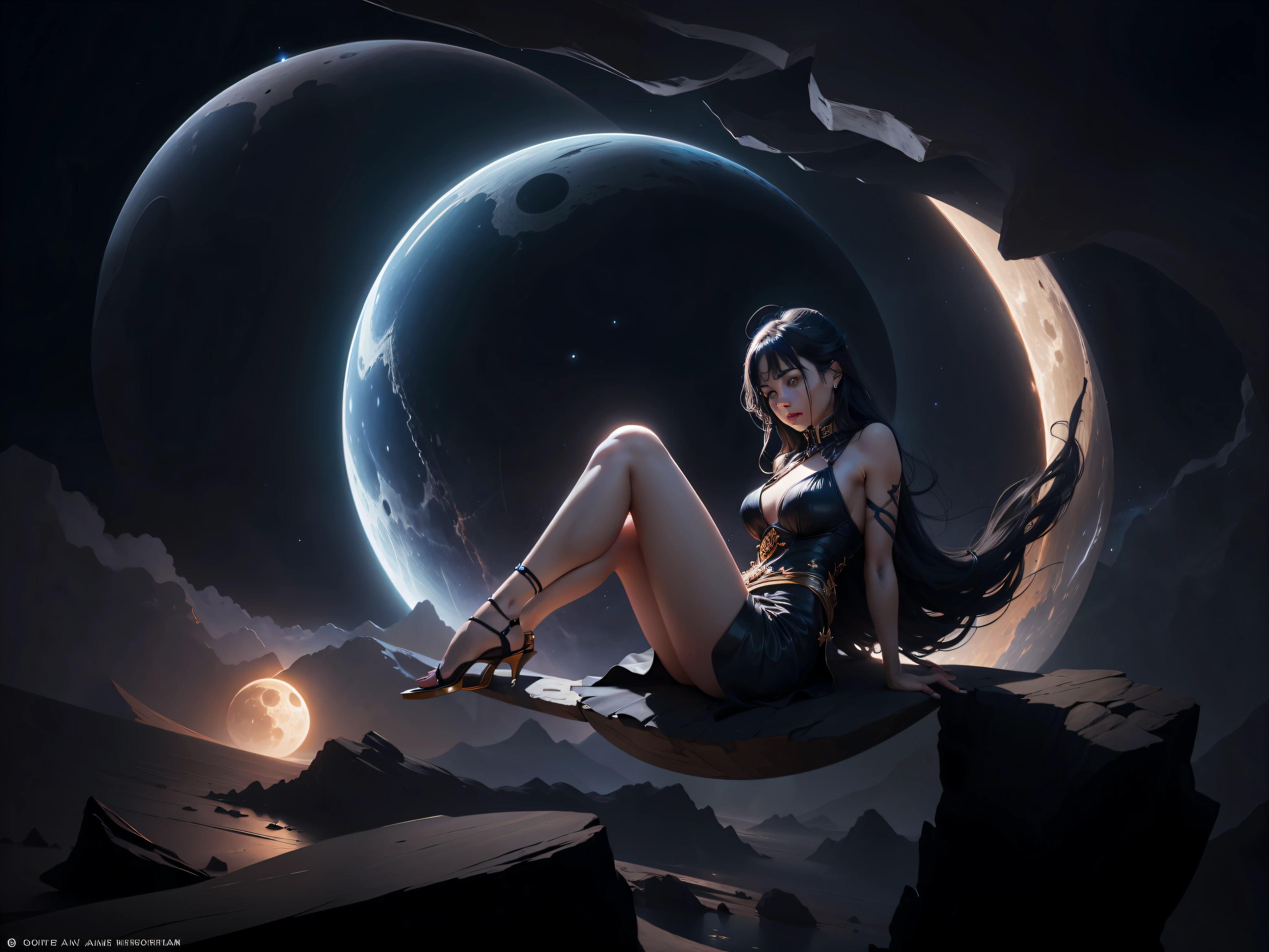 woman straddling a quarter moon, stars in a beautiful night sky, The scene is an epic and grandiose vision into a space odyssey landscape planet, dynamic pose, intricate scene and very epic, volumetric lights, evoking a sense of adventure, grandeur and wonder, an intricate and highly epic masterpiece, UHD, 8K, in hyper realistic style. --auto