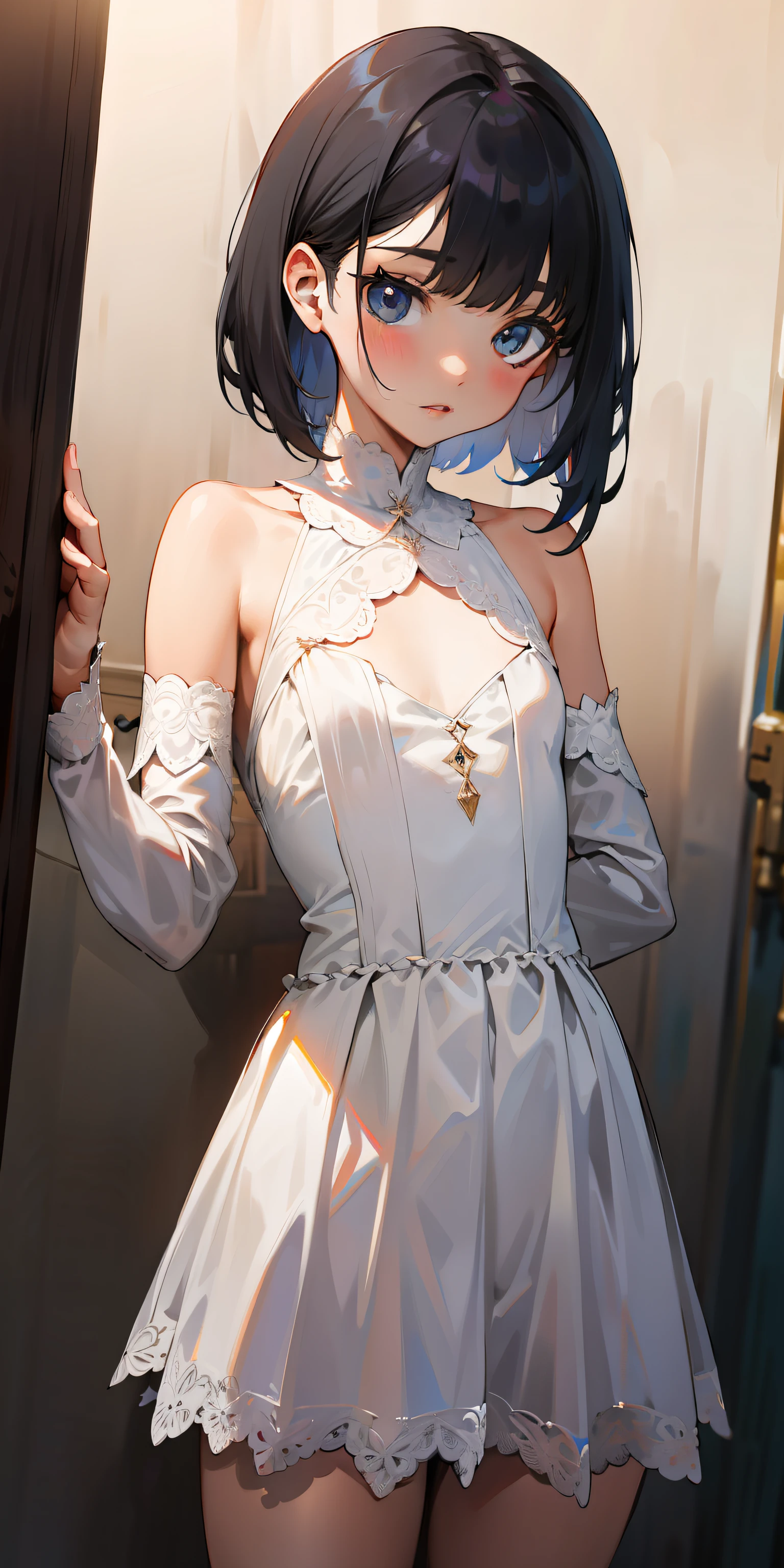 White lace, flat chest, short shoulder-length hair, well-behaved