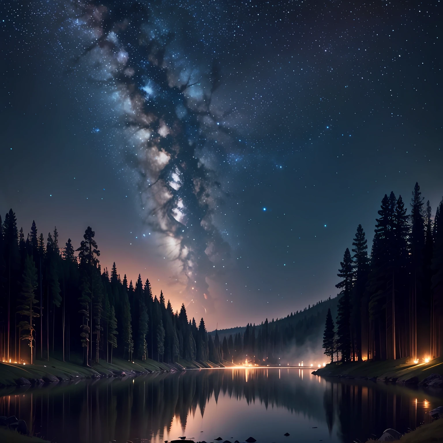 Lake in the forest Night view Hazy Beautiful starry sky background Fawn --auto