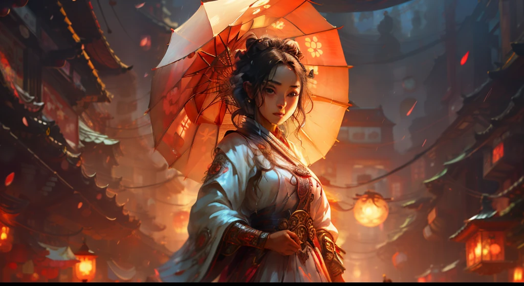 Girl in white pink hanfu,Black hair,Shake with steps,full bodyesbian,With a smile on your face,Holding an oil-paper umbrella with pear blossoms painted in his hand,The girl is in the lower right corner,Walk the dimly lit streets,A fog that hangs over the streets,Hanging lanterns,Warm colors,Warm style,Bustling streets,and it was raining lightly