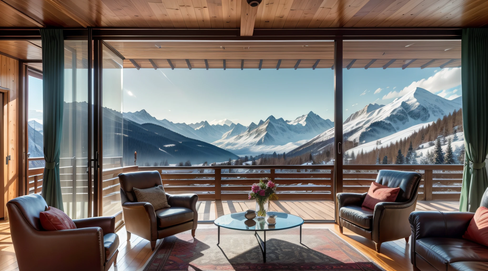 Alafed living room with large windows and mountain views, Blend in with the mountains, chalet, Luxury wooden cottage, floor-to-ceiling windows, by Franz Hegi, Very close to real nature, Switzerland, A luxurious setting, warm interior, An atmosphere of sublime comfort, floor-to-ceiling windows, Inspired by Peter Zumsso, Werner Andermatt