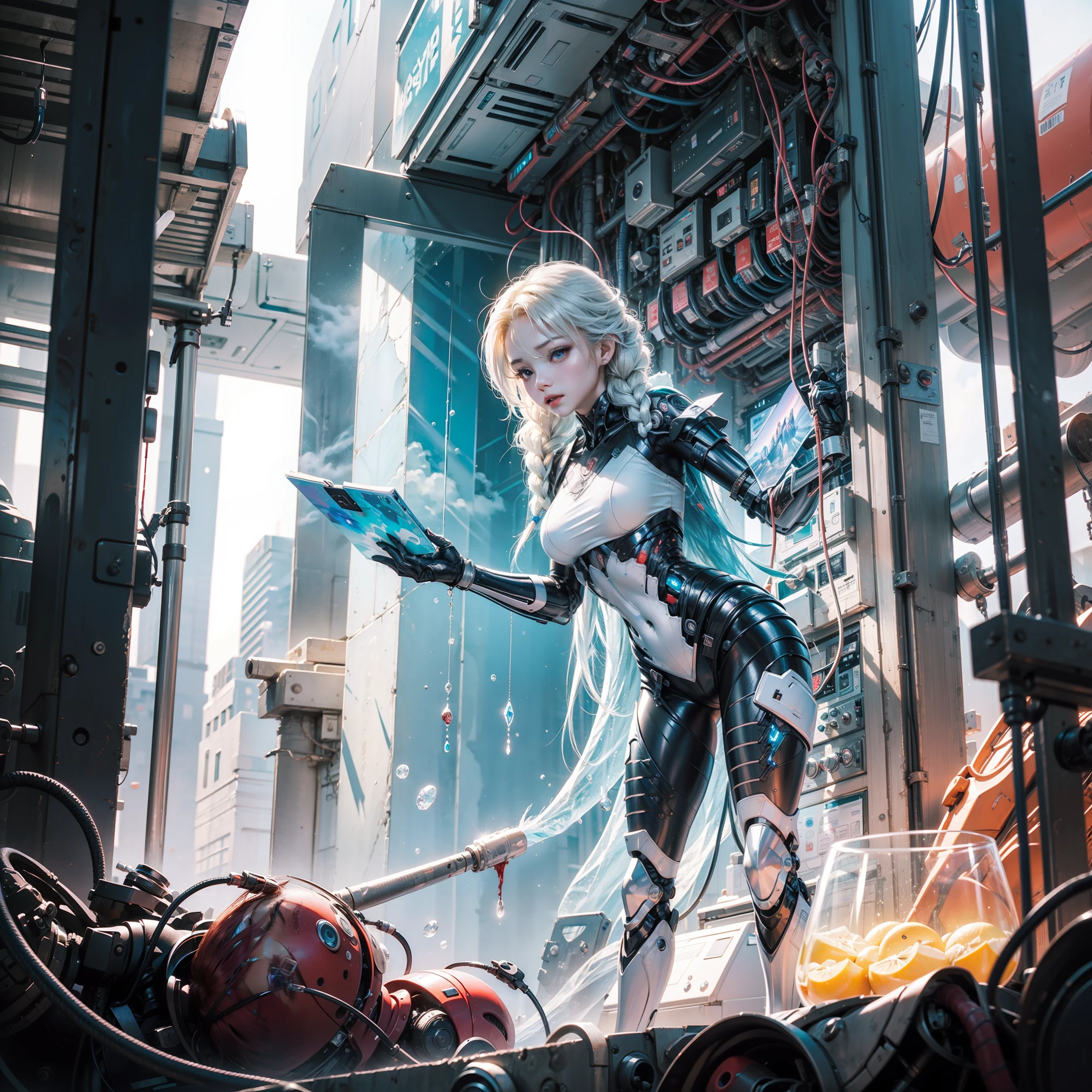 (((Hyper Detail)))、Frozen Preserved Girl、makina、cyborgs、10 Worlds,000 years、a beauty girl、Full cables、Blood droplets、Large number of monitor screens、Frozen capsules、细致背景、Big Light、heav breathing、Danger to life、art by、dynamic compositions