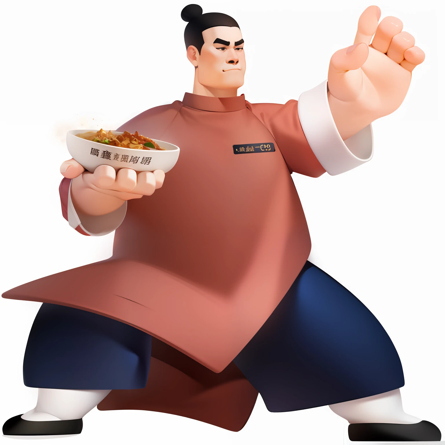 Cartoon man in red apron holding a bowl of noodles, mapo tofu cartoon, inspired by Chen Jiru, inspired by Chen Daofu, inspired by Dong Yuan, gta chinatowon art style, Inspired by Cao Zhibai, inspired by Zhao Mengfu, inspired by Huang Ding, inspired by Shūbun Tenshō, negao