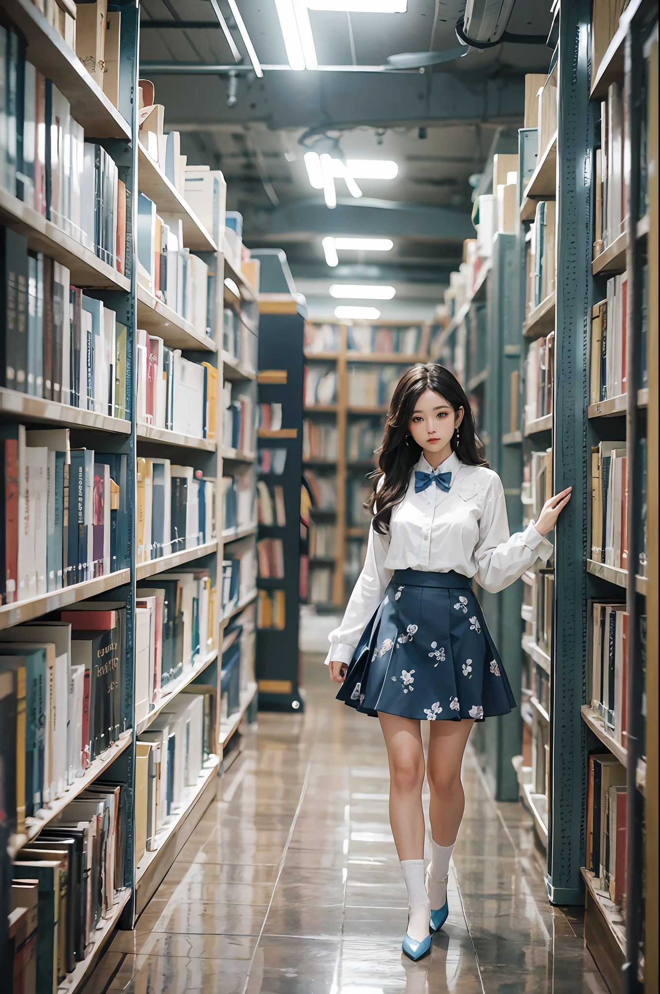 Woman standing alone in library, white blouse with blue floral pattern, blue bow tie, ruffled blue skirt, white ankle length socks, wearing pumps, white light background