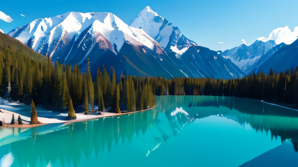 there are snow-capped mountains in the distance,Turquoise lake,Metasequoia that grows in water,Sunnyday, --auto