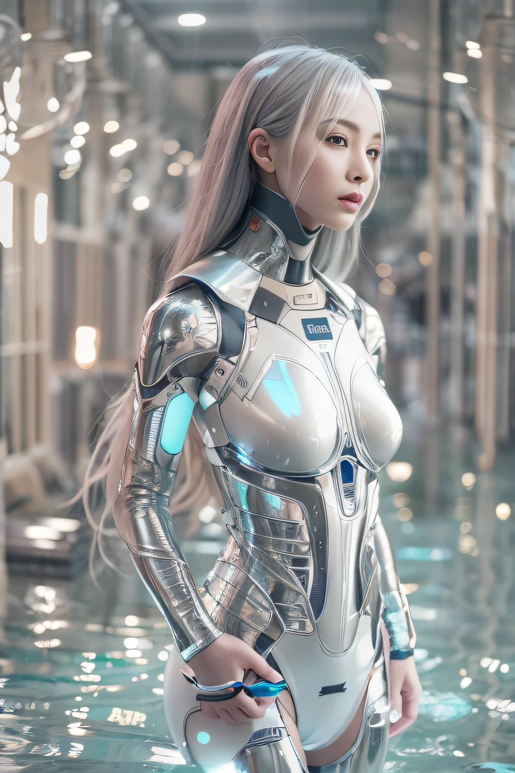 Future Technology Prosthetic Body Feminine Gentle and cute, full of wisdom, metallic texture, mature age, white silk like water