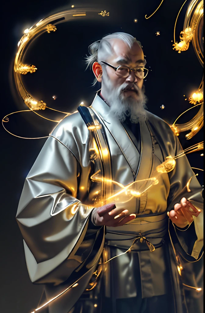 Best quality,masterpiece,ultra high res,solo,1 old man, teacher, with beard, and glasses, Chinese Zen style,impactful picture,translucent and glowing metallic patterns,(glowing metal objects hovering in the air and surrounding him:1.2),(Electric arcs and sparks:1.2),(flow of energy:1.2),(translucent magnetic lines:1.2),(golden silver grey and shimmering light effects:1.2),