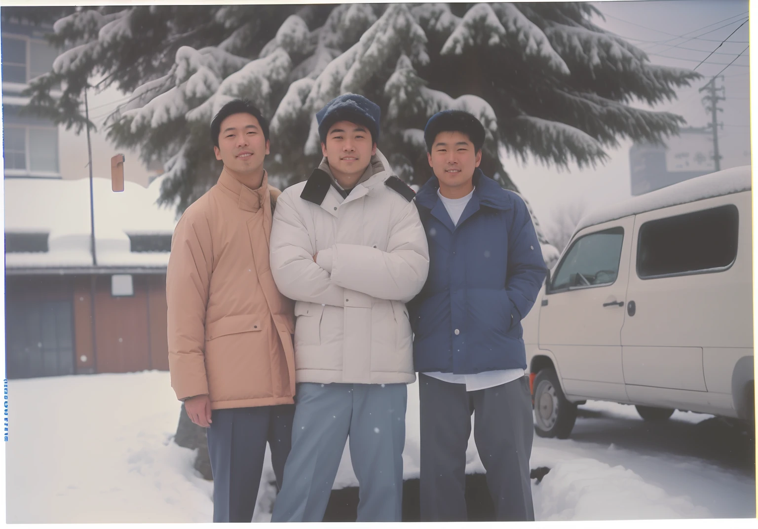 Three men standing in the snow，He was followed by a van, 80's japanese Photo, 90s japan, in snow, In the snow, fujicolor photo, childhood friend, (3 are winter, around 1 9 years old, 90's color photo, scanned in, 90's photo, nevando, Photo [ far ] --auto