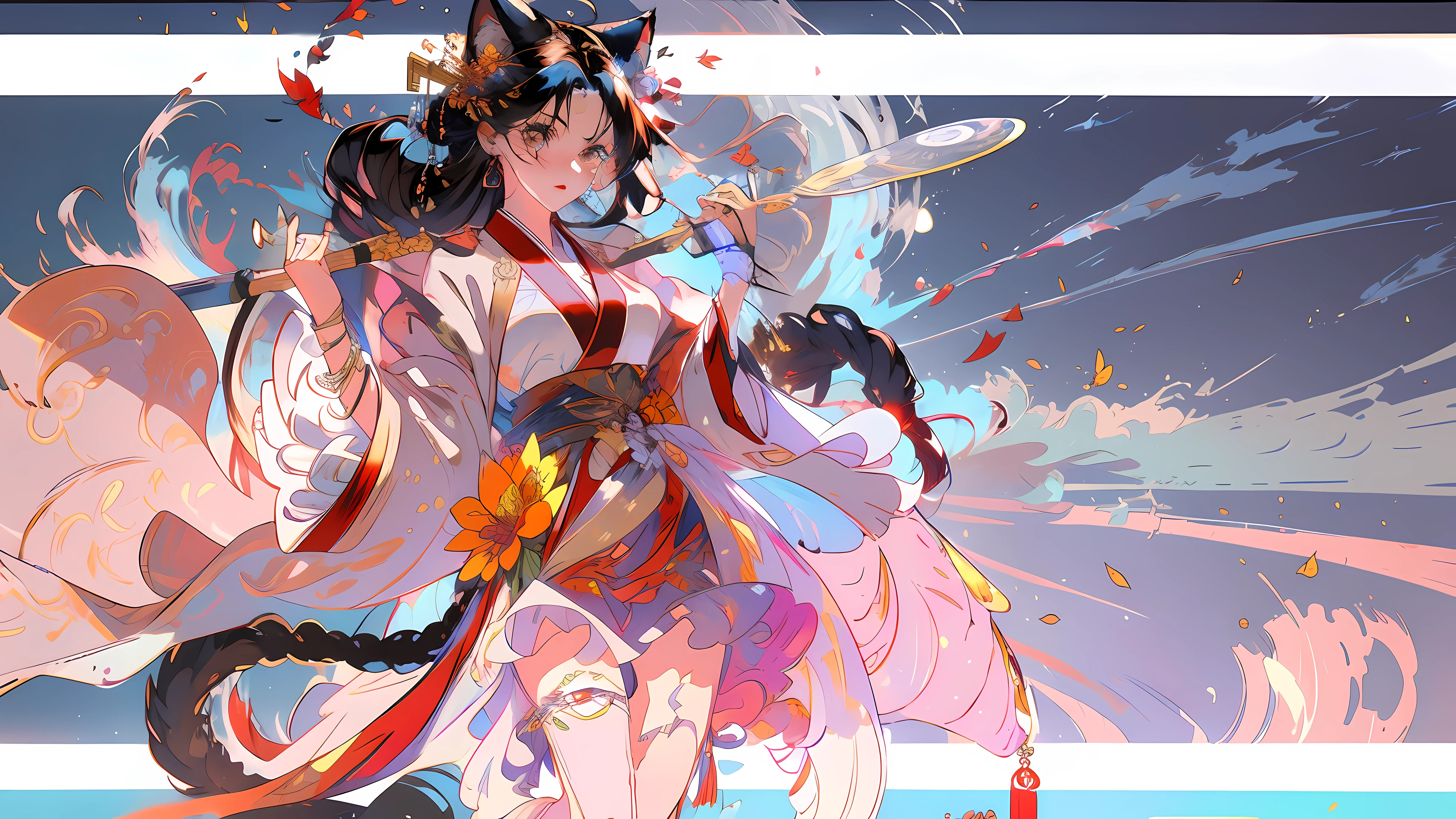 Exquisite facial features,Nice face,best qualtiy,tmasterpiece,ultra - detailed,Maple leaves fall,starlight embellishment,one-girl, Ancient Chinese clothing,National style background,Cat-cat anthropomorphism,bell,brunette color hair,Cat ears,cat paws,a cat tail,butterflys,The barefoot,独奏,hair adornments,sitted,Hanfu,Hanfu,Anklets,leafs,the fruits,jewelry,White background,longer sleeves,simplebackground,food,grapes, full bodyesbian, single hair bun,, hair stick, Wide sleeves, hair-bun, ssmile, intersection, looking at viewert, long whitr hair, Keep your mouth shut, putting hand up, florals, Take the leaves, A piano