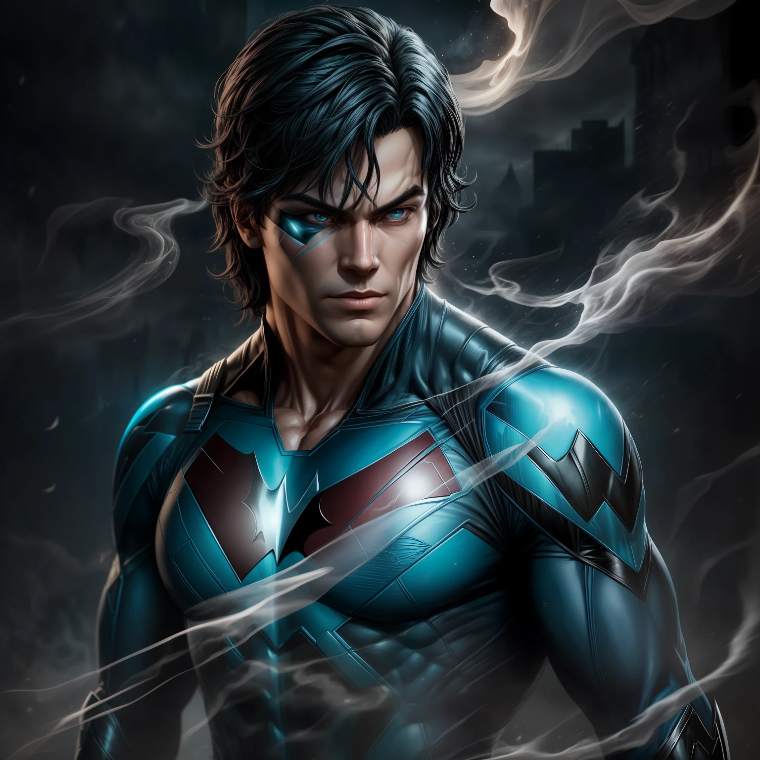 close up, Nightwing из DC Comics, Ghost, Dark, gotik, 3d, Ultra Detailed, blue transparent smoke around, realistic style, Old Night Pond, full - body,