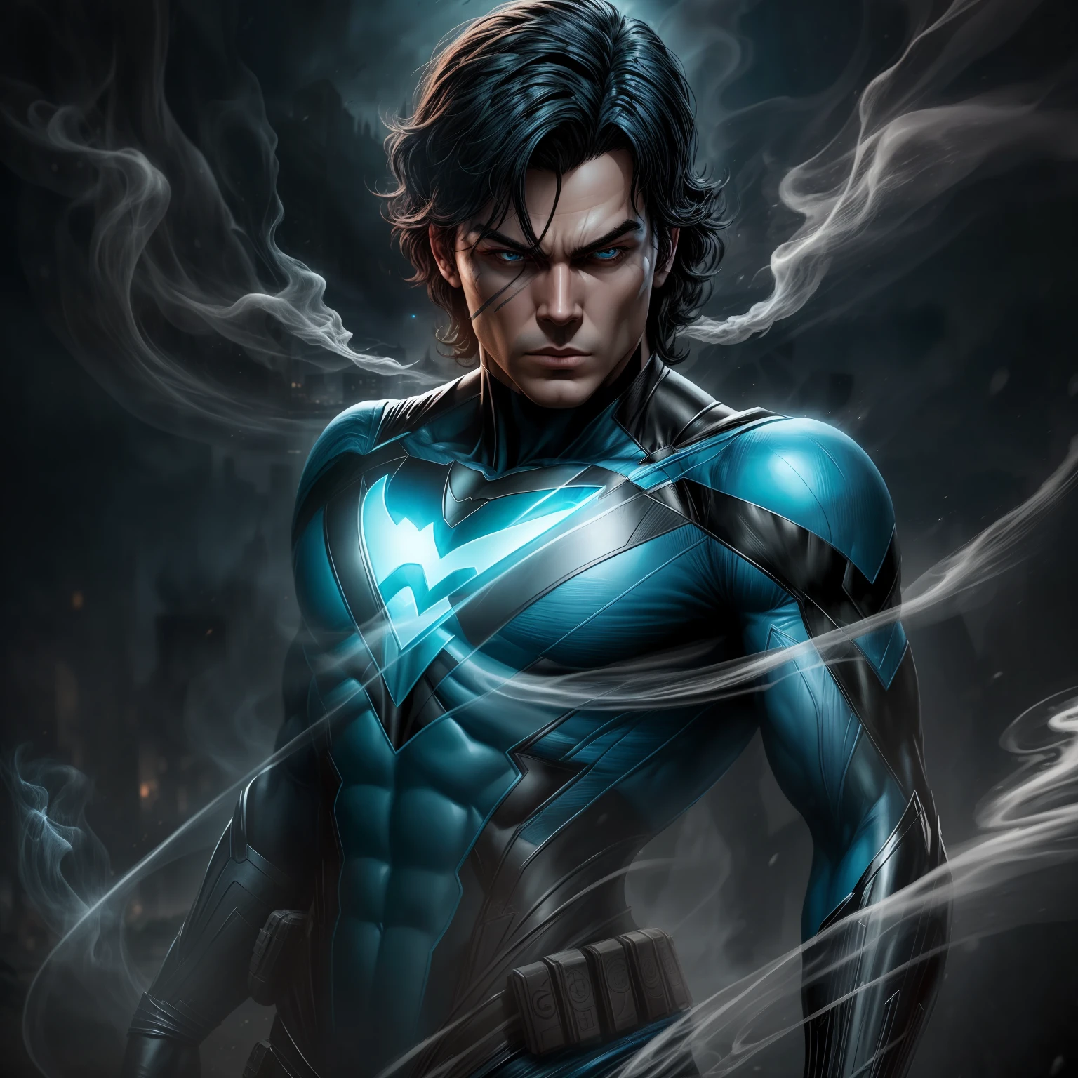 close up, Nightwing из DC Comics, Ghost, Dark, gotik, 3d, Ultra Detailed, blue transparent smoke around, realistic style, Old Night Pond, full - body,