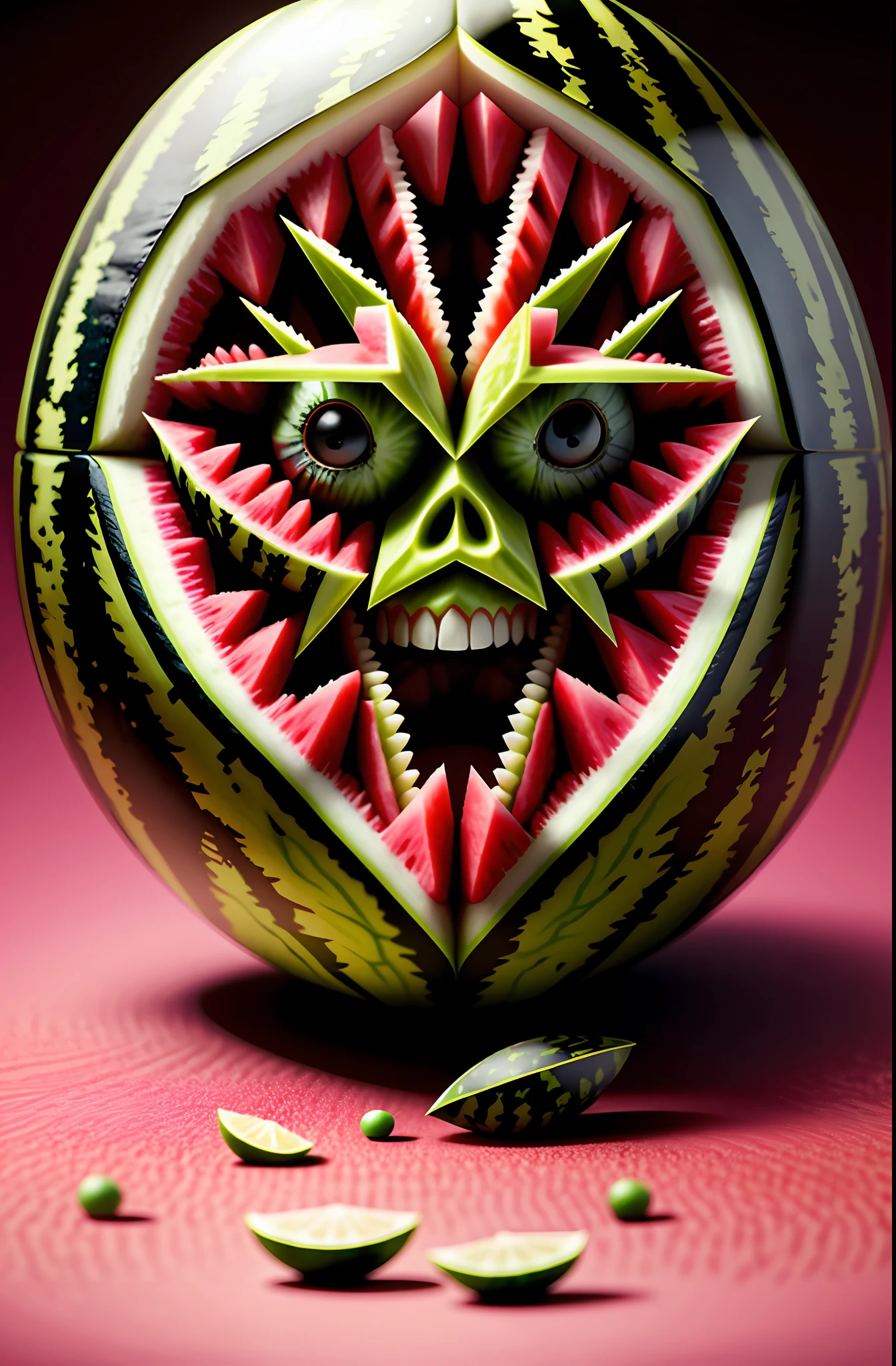 symmetrical fruitynightmare watermelon, octane render, unreal engine, highly detailed, intricate