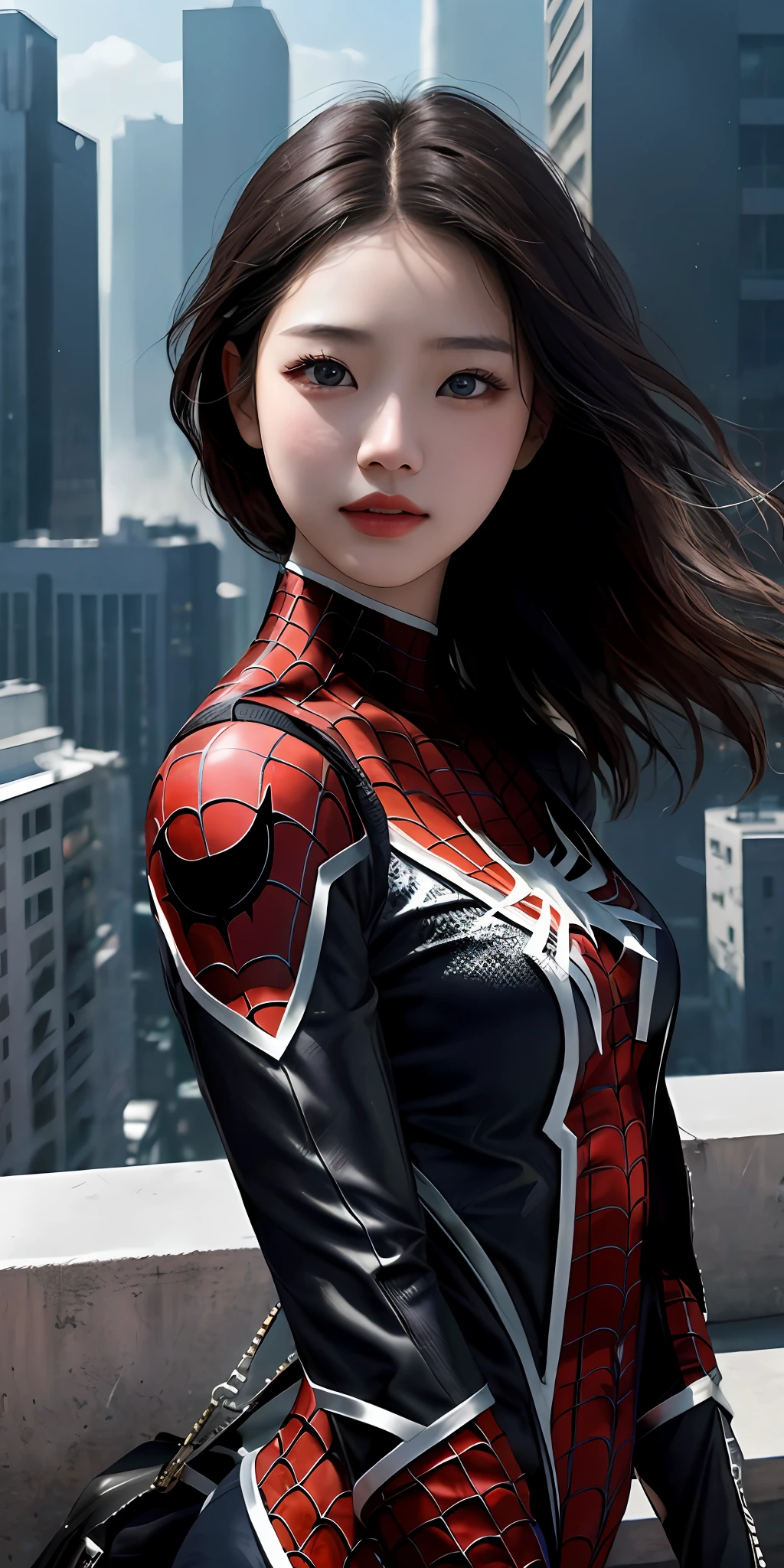 ChineseGirl(Chinese girl:1.3),(1girl:1.3), 独奏, (((very vey very detailed face))),((very detailed eyes and faces))),beatiful detailed eyes,Body parts__,offcial art,Unified 8k wallpaper,ultra-detailliert,Beautiful and beautiful,big breasts beautiful,tmasterpiece,best qualtiy,primitive,tmasterpiece,ultra fine photos,best qualtiy,超高分辨率,photorealistic realism,rays of sunshine,full-body portraits,stunningly beautiful,,dynamicposes,delicated face,vibrant eyes,(from the front side), Capable short hair(black in color:1.3)she is in a spider-man suit,Red and black color scheme,arachne,Very detailed city roof background, Roof,looking over city,详细的脸,detailed complex busy background,untidy,opulent,milkyW,highly detailedskin,Realistic details of skin,Visible pores,Clear focus,volume fog,8k uhd,digital SLR camera,high qulity,filmgrain,White skin of the,photo-realism,lomography,A huge metropolis of the dystopia of the future, semi transparent