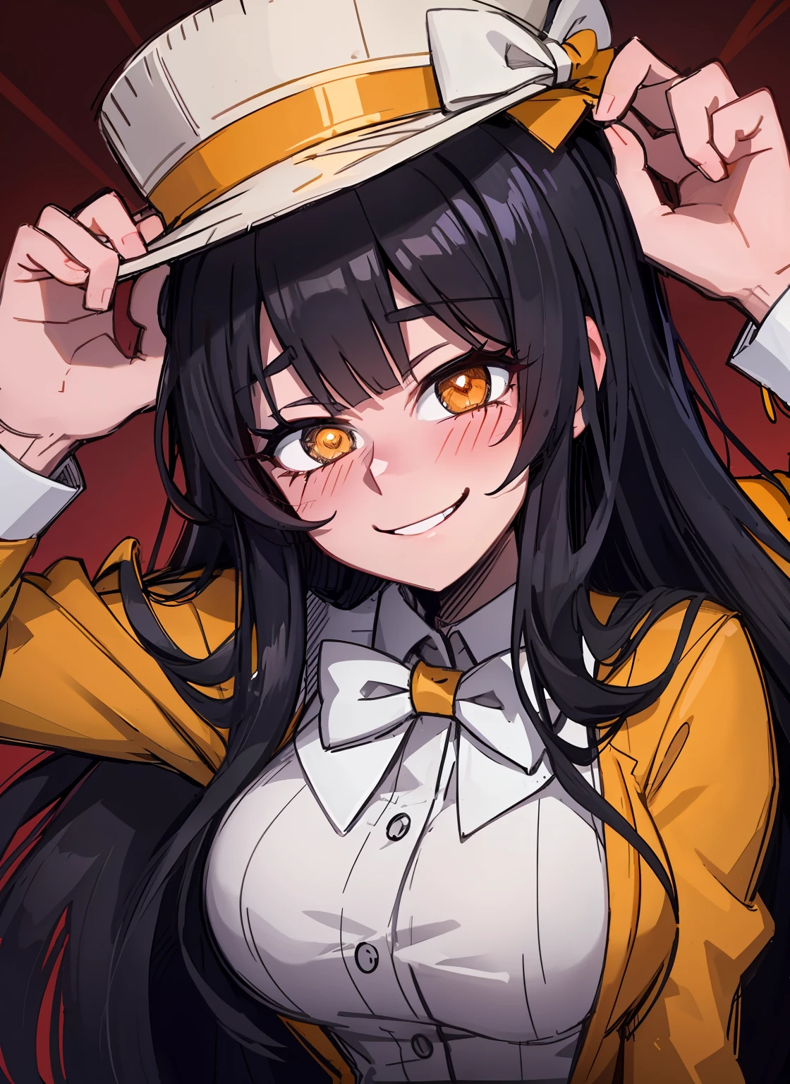 long black hair, brown pupils, love in eyes, blushing, cute, smug, smile, rolling eyes, white bow tie, orange prisoner outfit, barrett hat, long sleeves, big breasts