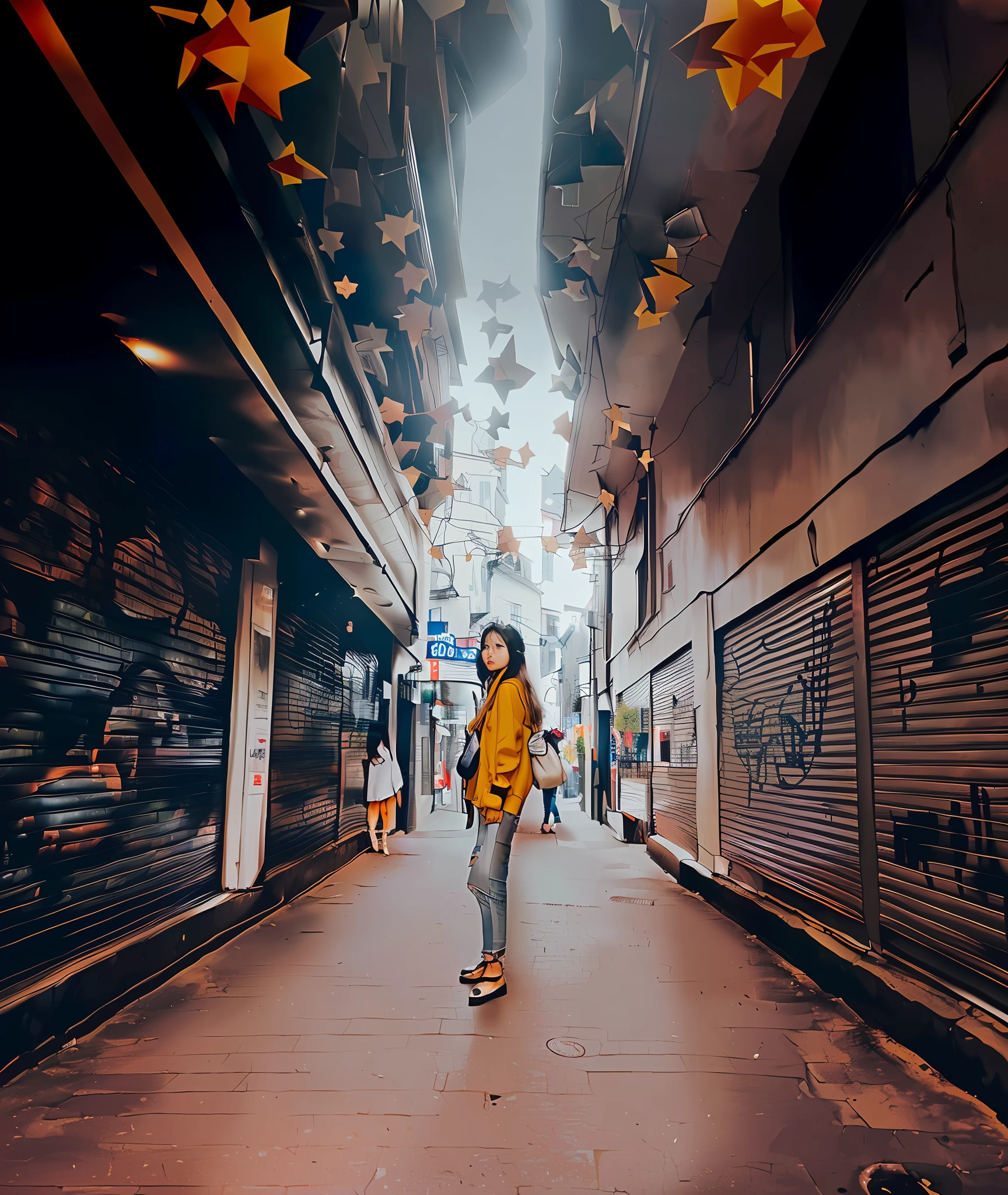 there is a woman walking down a long narrow street with stars hanging from the ceiling, shot on leica sl2, colour film street photography, standing in a city center, standing in street, standing in a city street, standing in an alleyway, shot on nikon z9, standing in the street, wandering in the city, hd photography street, standing in the streets