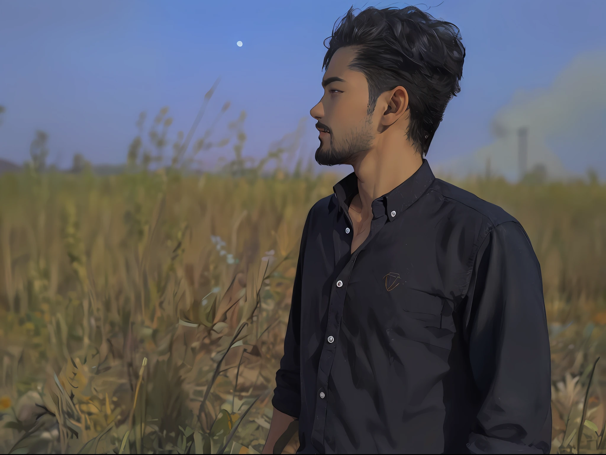 Draw a young programmer, sitting on a research platform floating in the middle of an asteroid belt. He is studying with a notebook, surrounded by several asteroids glowing with fiery auras. Dramatic lighting from distant stars and planets illuminates the scene, casting deep shadows on the suit. The young man looks confident and determined, looking at the vast and mysterious universe with wonder and respect,facial hair, cowboy shot,