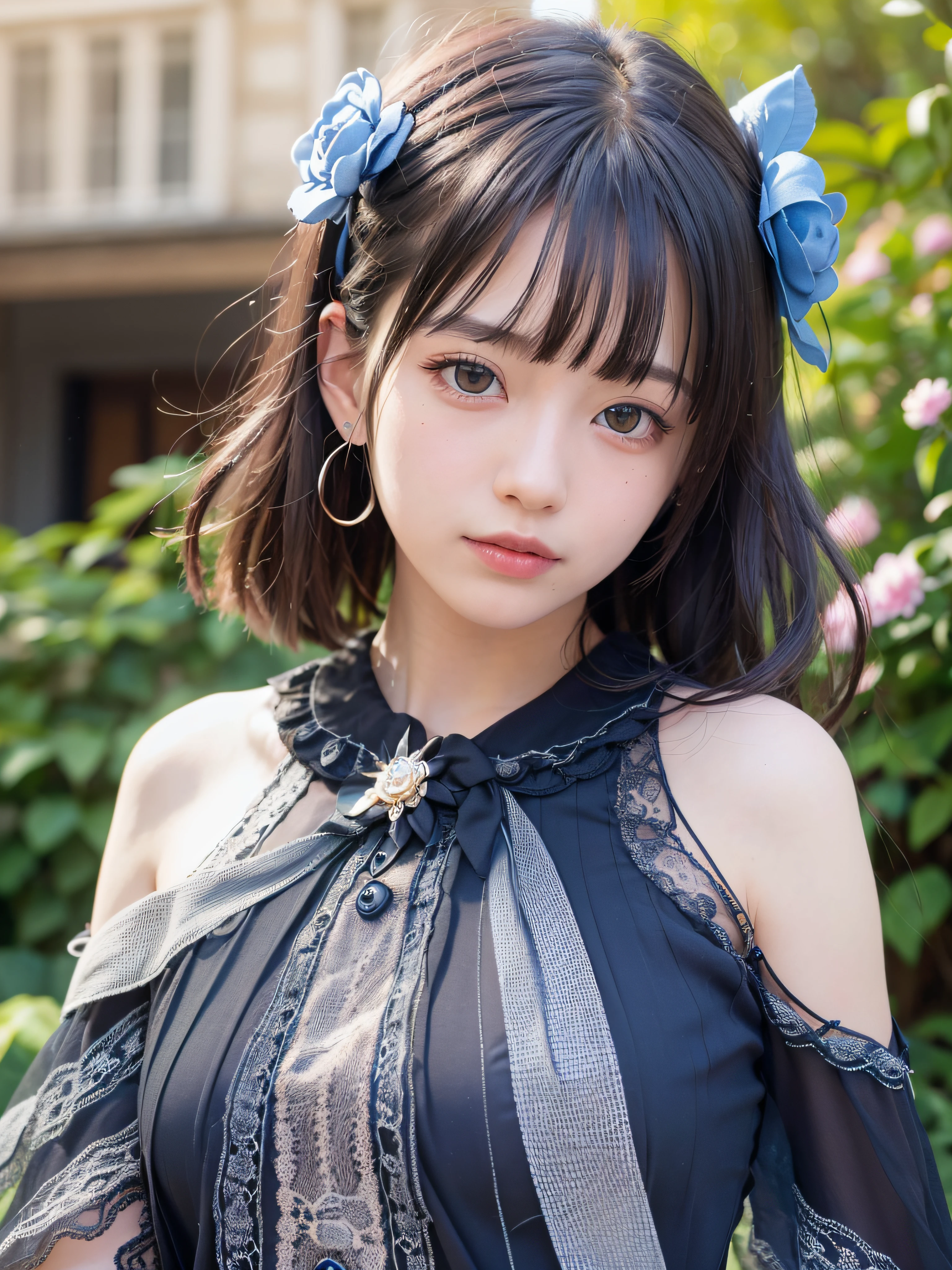 (realistic, photo realistic:1.37), incredibly absurdres, (insanely detailed:1.3), 8k, (masterpiece), (best quality:1.4), (ultra high res:1.2), (raw photo:1.2), (unity 8k wallpaper), 1 nogizaka girl, utterly cute, (bishojo:1.35), (15yo:1.4), ((alice and the pirates fashion)), delicate detailed beautiful dress, ((hair accessory with blue rose)), an exquisitely detailed and beautiful face and eyes and skin, detailed black shine hair, smile at the camera, cowboy shot, petit trianon garden and farmhouse, view a village and lake, ultra detailed background, professional lighting