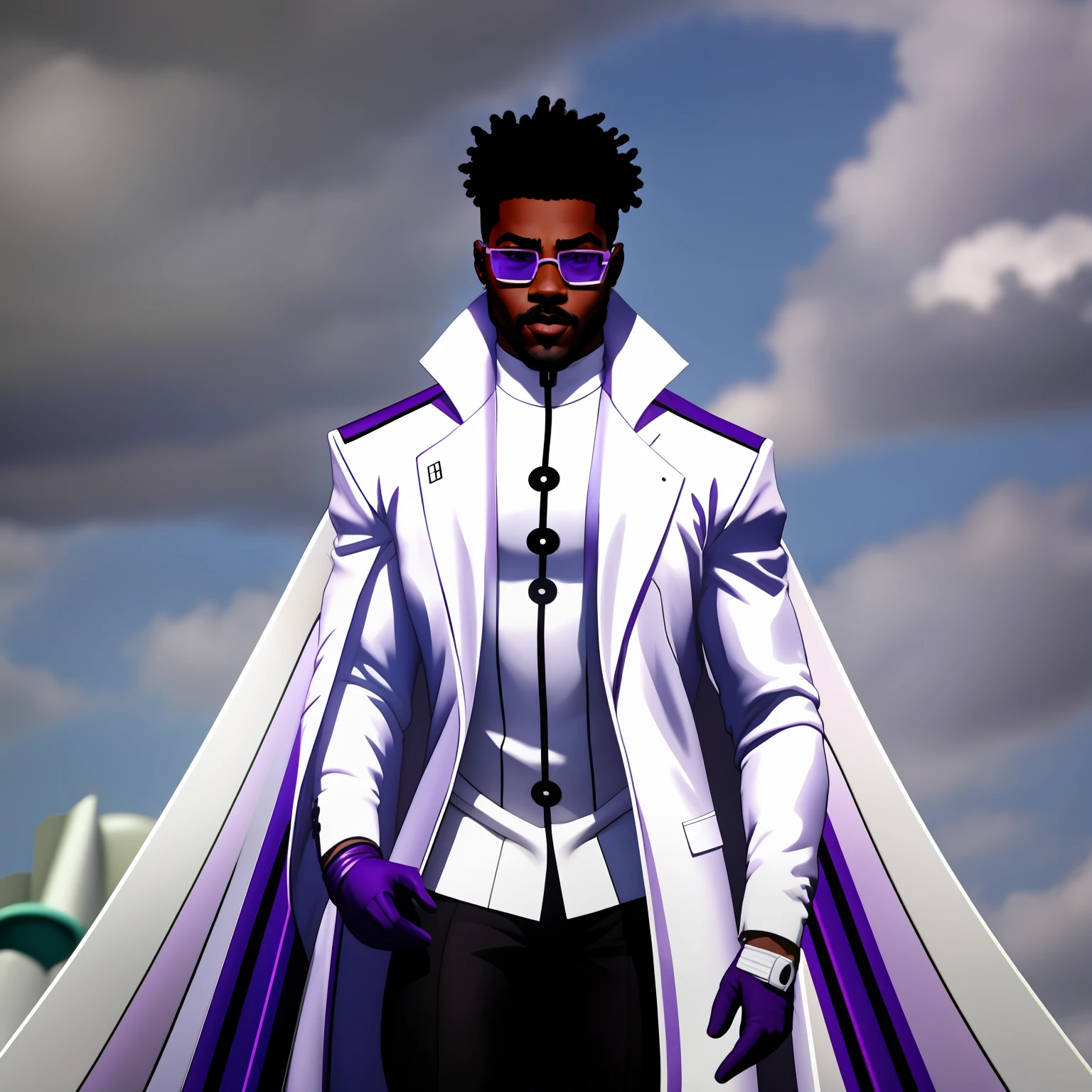 homem negro descolado vestindo um terno branco com jaleco sobretudo branco por cima, wearing purple gloves and purple visor glasses, inspirado no Michael B Jordan