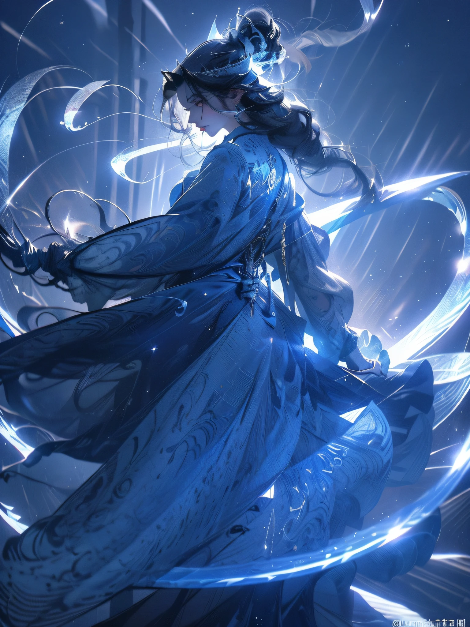 A close-up of a woman，Alchemist，Stand up，Stand on the top of the mountain，cabelos preto e longos，horse tailed，A blue headdress，Delicate face，Cold and glamorous，Long sword，snowflakes falling，Hazy，Blue Hanfu，Blue alchemist costume，Magnificent scene，Epic scenes