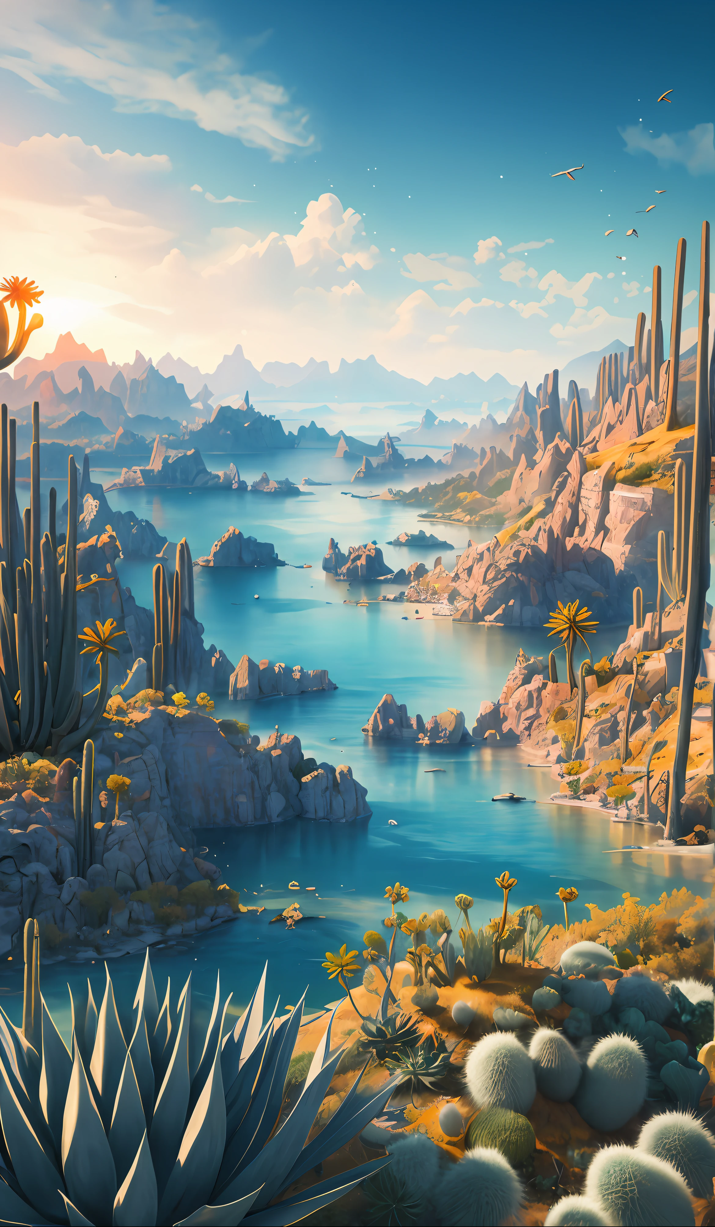 a beautiful landscape with many different succulents. beautiful composition. happy, colorful scene. three dimensional. very detailed and razor sharp. highly detailed image.