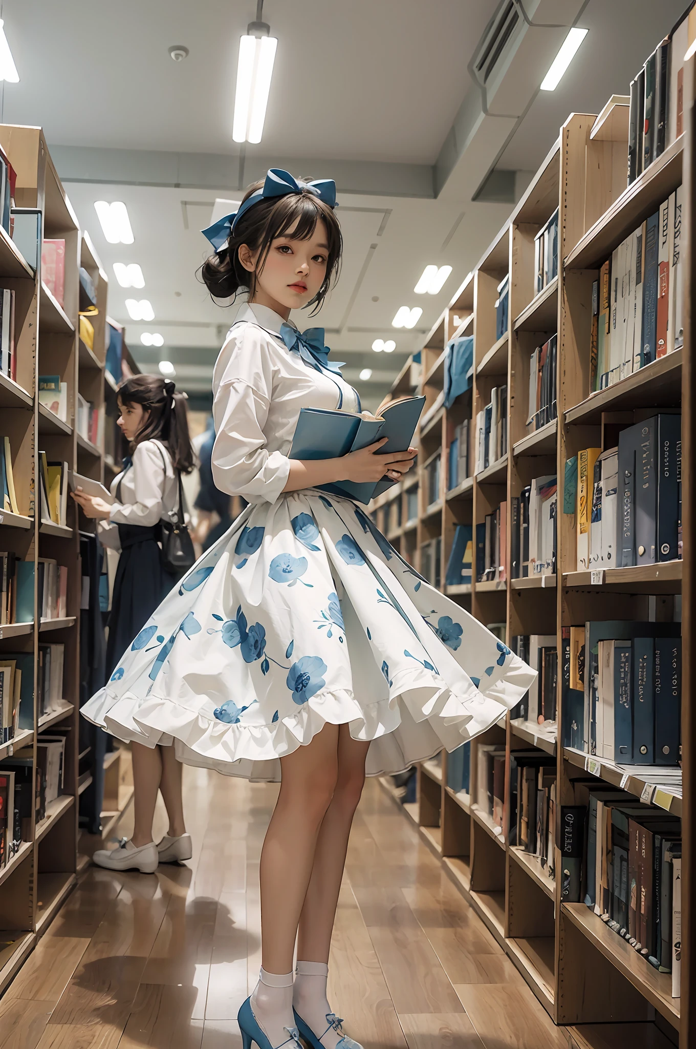 Woman standing alone in library, white blouse with blue floral pattern, blue bow tie, ruffled blue skirt, white ankle length socks, wearing pumps, white light background