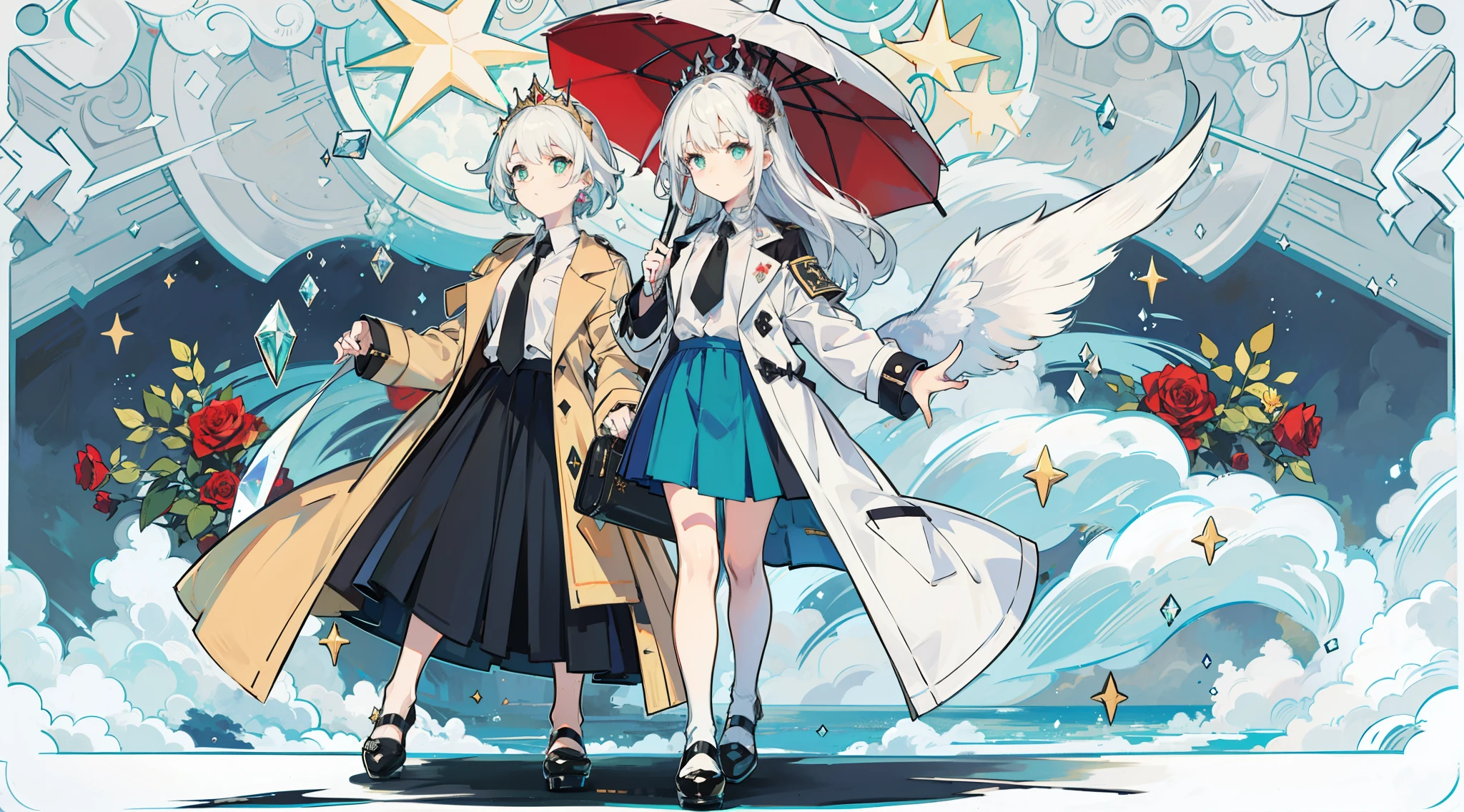 Top image quality,(One was wearing a white shirt)+(Long blue dress)((pleatedskirt))+Crystal heels+Safflower tiara+(long white hair)+(Red round pupils)of the royal sister(Hold an umbrella in one hand),skill(Holding)(One was wearing a white shirt)+(black necktie)+Rose red six-pointed star brooch+(Wearing a dark gold open trench coat)+black short skirt+Left leg(Wears black over-the-knee stockings)+right leg on(Wear white socks)+On the right leg of the thigh(black leg rings)+One-handed girl small leather shoes,The other hand was in his hand(Black briefcase),Under the blue sky and white clouds,Green space in the distance,There are sheep grazing on green areas,specific details