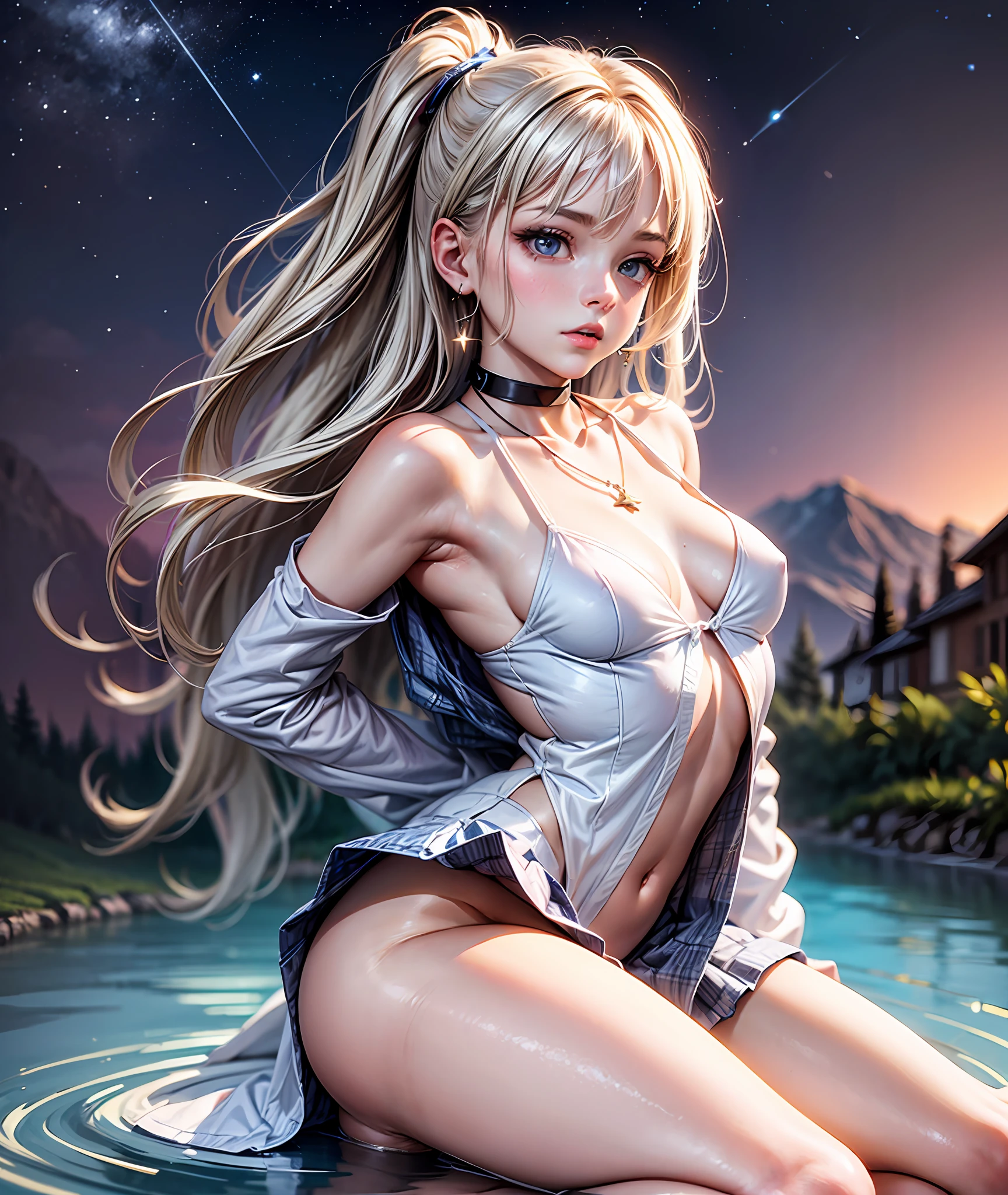 (8K,tmasterpiece,top Quority,realisticlying),(Hyper-detailing,artwork of a,Ultra-clear,Whole body diagram),(serious:1.1),((wavy white long hair):1.3,beatiful detailed eyes,Perfect proportions,eyes with brightness,Light makeup,choker necklace,ear jewelry,Pink and moist lips),1. Sexy 18 year old girl,Hilltop Villa,Beautiful starry sky,Cosmopolitan beauty,Lake water,Doctor uniform,White open-collar shirt,Extra short skirt with hips,White medical coat,Elegant and beautiful hairpins,White wavy curls,Slender beautiful legs,Stretch meat,Fair and moisturized skin,(The atmosphere is ambiguous,misty background,a fairy world:1.2)