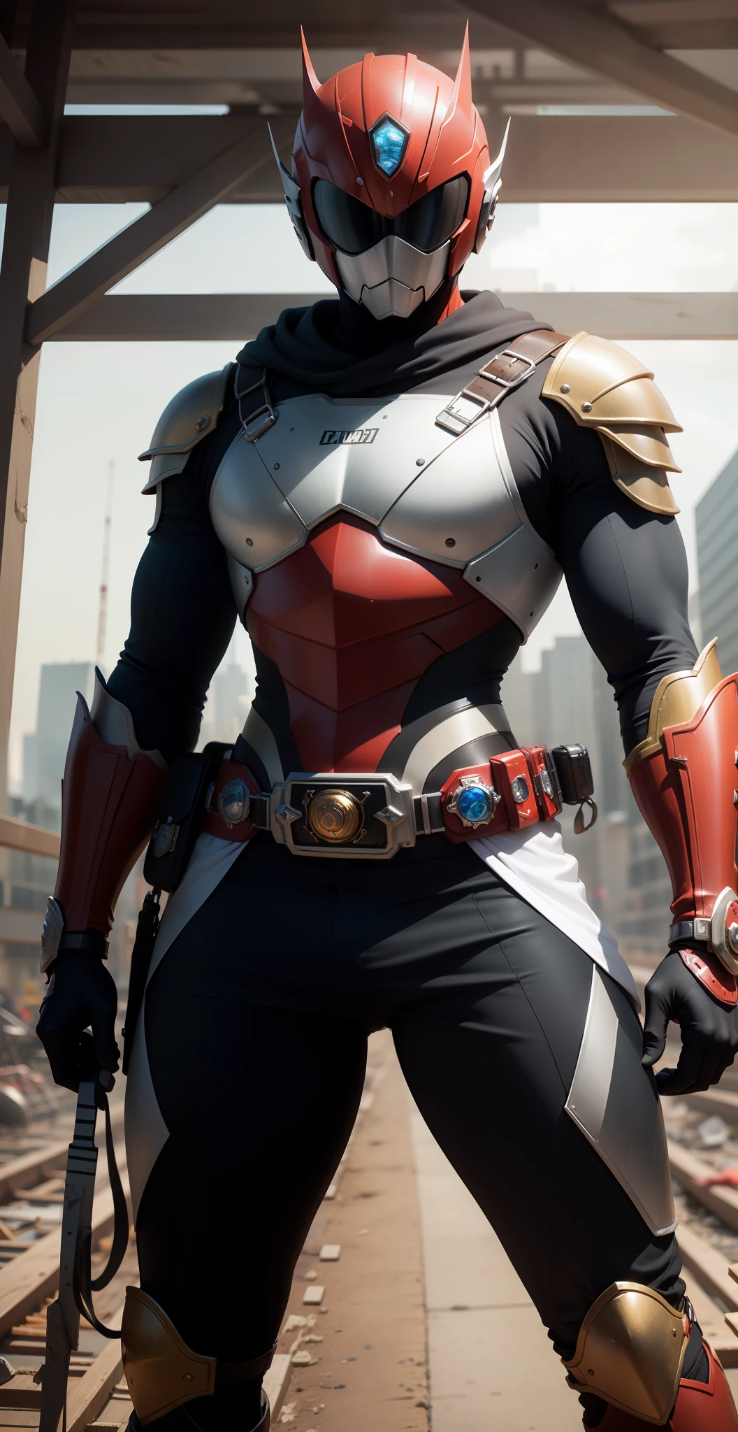 Kamen Rider，There is a deformation band at the waist，The finest details，Highest quality，The belt is more detailed，Big eyes，large belt，The surface of the body has thick metal armor，Very detailed strap，Delicate belt，Stand on the construction site，Red armor，blue colored eyes