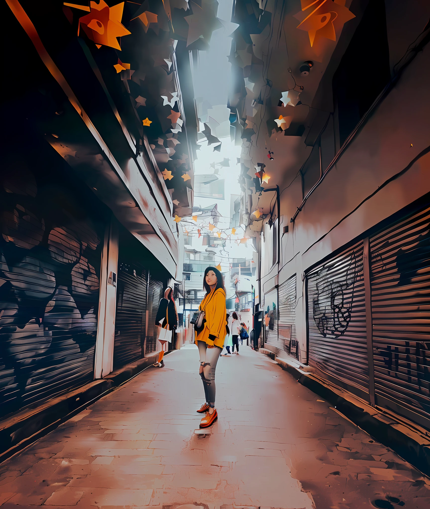 there is a woman walking down a long narrow street with stars hanging from the ceiling, shot on leica sl2, colour film street photography, standing in a city center, standing in street, standing in a city street, standing in an alleyway, shot on nikon z9, standing in the street, wandering in the city, hd photography street, standing in the streets