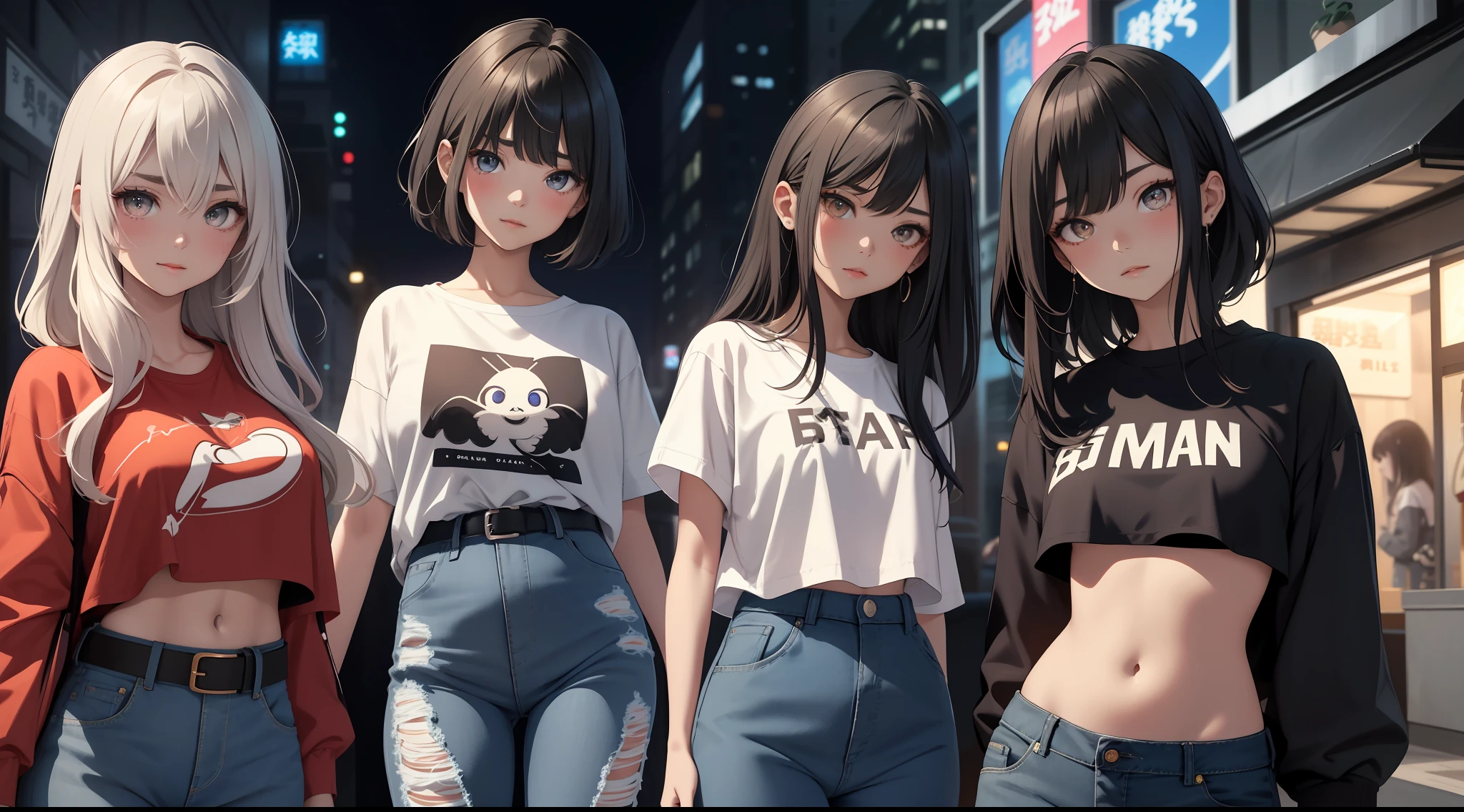 Original Characters、Volume Lighting、Best Shadows、Shallow depth of field、Portrait of an amazingly beautiful girl、Delicate beautiful attractive face with petite and seductive eyes、Messily painted face、Sharp Eyebrows、Beautiful medium milk、Lower milk、Blush Eyeshadow、Dark eyelashes、Oversized Pop Jacket、Mini Underbob T-Shirt、Open belly button、Slim waist、Denim Jeans Pants、with buckle belt、nighttime scene、nightcity、standingn、(top-quality、Superb Detail:1.25)、(独奏:1.3)、Brilliant Colorful Paintings、Variety of hairstyles