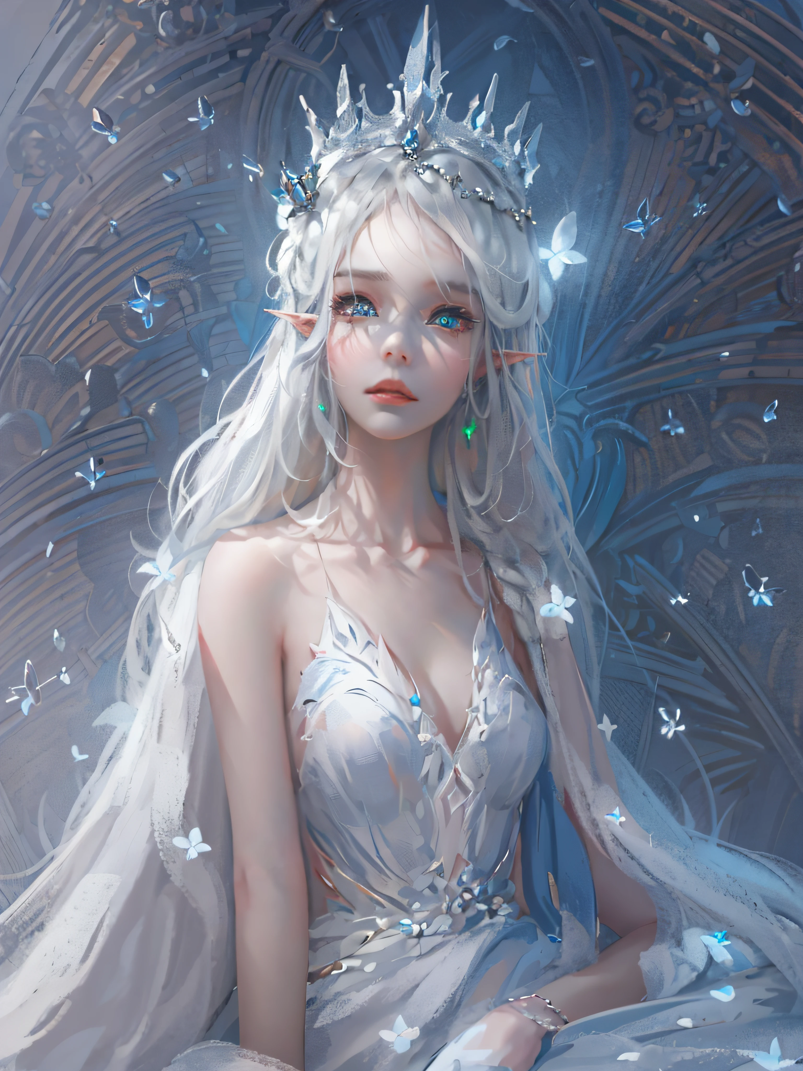 1 woman with a crown, Beautiful and elegant elf princess, Guviz, Fantasy art style, 8K high quality detailed art, Seductive elf princess, digital fantasy art , beautiful elven princess, beautiful and elegant female elf,(Perfect full-body portrait,tilt of the head,BREAK BREAK BREAK,),(WLOP painter style,glitters,Blue sparkling eyeshadow), (long white hair,White-colored skin,Elf Girl,The skin is translucent white,sparkle in eyes,The elves were dressed in pure white),beautiful face,(Lonely pale face),facing to audience,Particle,Glow,Guviz-style artwork,(Volumetriclighting),atmosphric perspective,dust particle,Axis