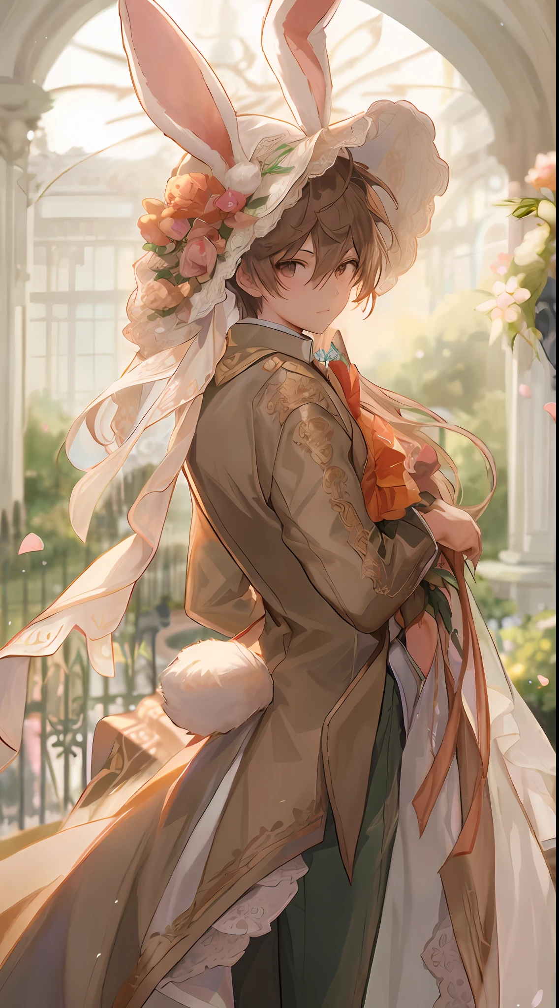 Anime - style image of a man in a dress and hat, Delicate prince, highly detailed exquisite fanart, artwork in the style of guweiz, Beautiful prince, guweiz on pixiv artstation, kawacy, alphonse mucha and rossdraws, zerochan art, guweiz, Pixiv Contest Winner、Rabbit ears、Rabbit tail