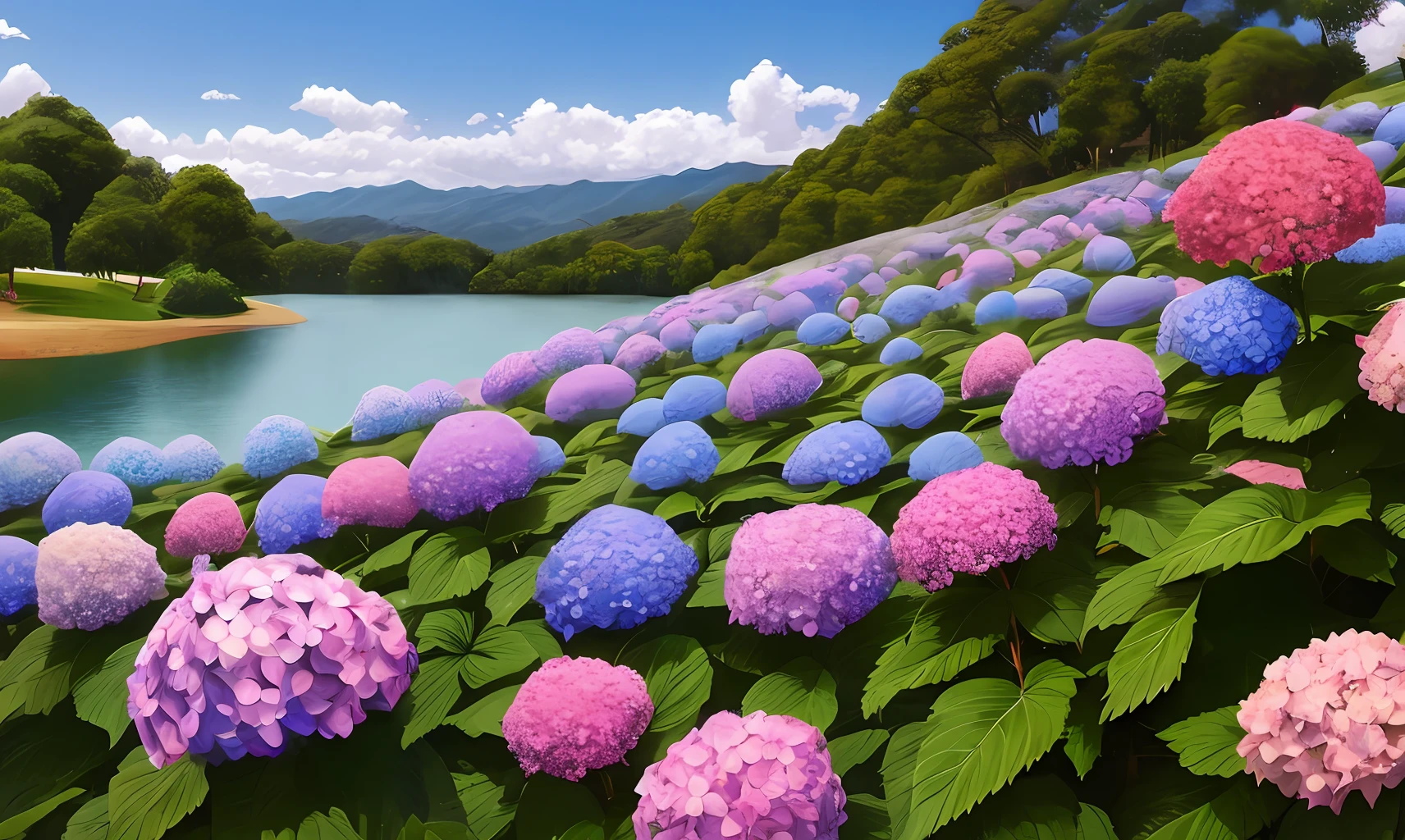 hydrangeas, parque, lago, pequena colina, caminho de seixos, obra-prima, melhor qualidade, anatomicamente correto, detalhes altos, 8K absurdly realistic cinematic well detailed