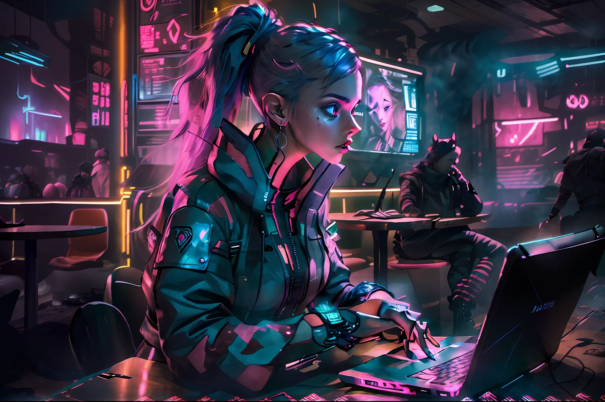 An artistic representation of a young girl, an expert in cybersecurity and hacking, sitting in a café with a laptop. The art style for this image can be inspired by a fusion of cyberpunk and contemporary aesthetics. The girl should be depicted with a confident and determined expression, showcasing her expertise and focus. The café environment can be stylized, incorporating futuristic elements and a vibrant color palette. The laptop she is using can have futuristic details and interfaces, reflecting her advanced hacking abilities. The lighting can be moody, with neon lights and reflections creating an atmospheric setting. The artist can experiment with composition and perspective to convey the girl's skills and the intensity of her work. The level of detail and resolution can be determined based on the artist's vision.