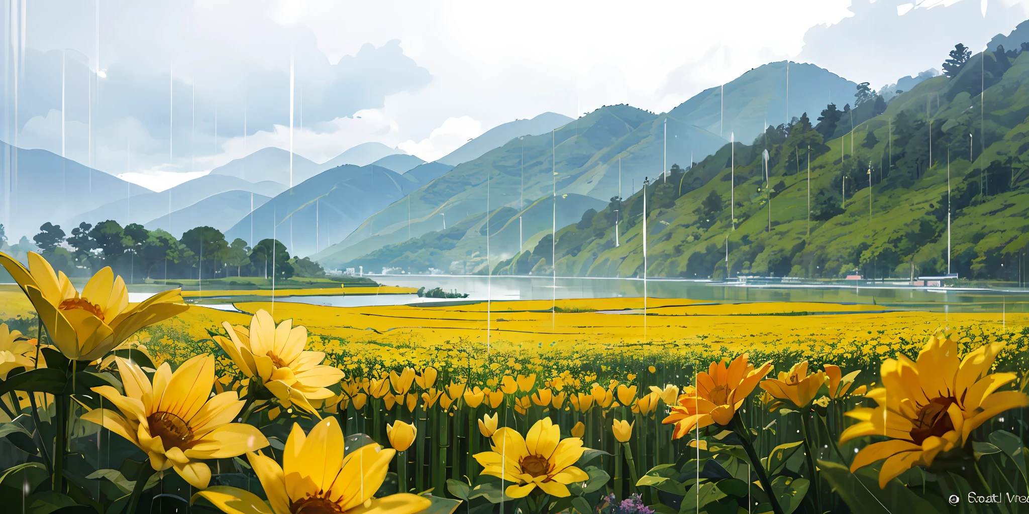 Masterpiece, Best quality, 8K, Wide-angle view, Sea, Hills, on a grassy field, flower sea, bamboo forrest, in a spring, rain