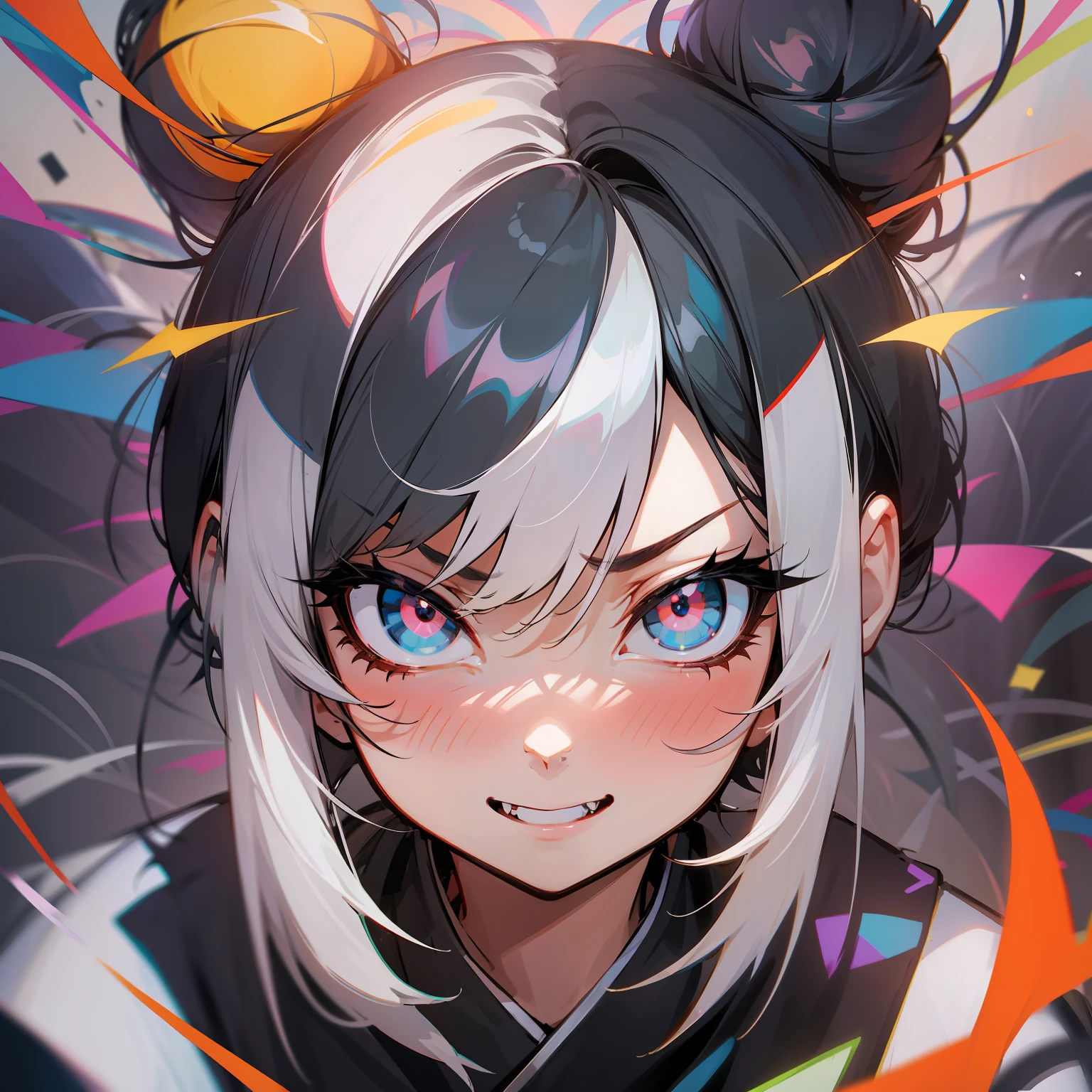 Black hair, hair bobbles, wince, long eyelasher, solid circle eyes, Fake animal ears, Light smile, Ear blush, Fang, White hair, hair-bun, mismatched pupils, Angry, surrealism, shadowing, anaglyph, stereograms, tachi-e, angle of view, Atmospheric perspective, 8K, Super detail, ccurate, Best quality, hyper HD
